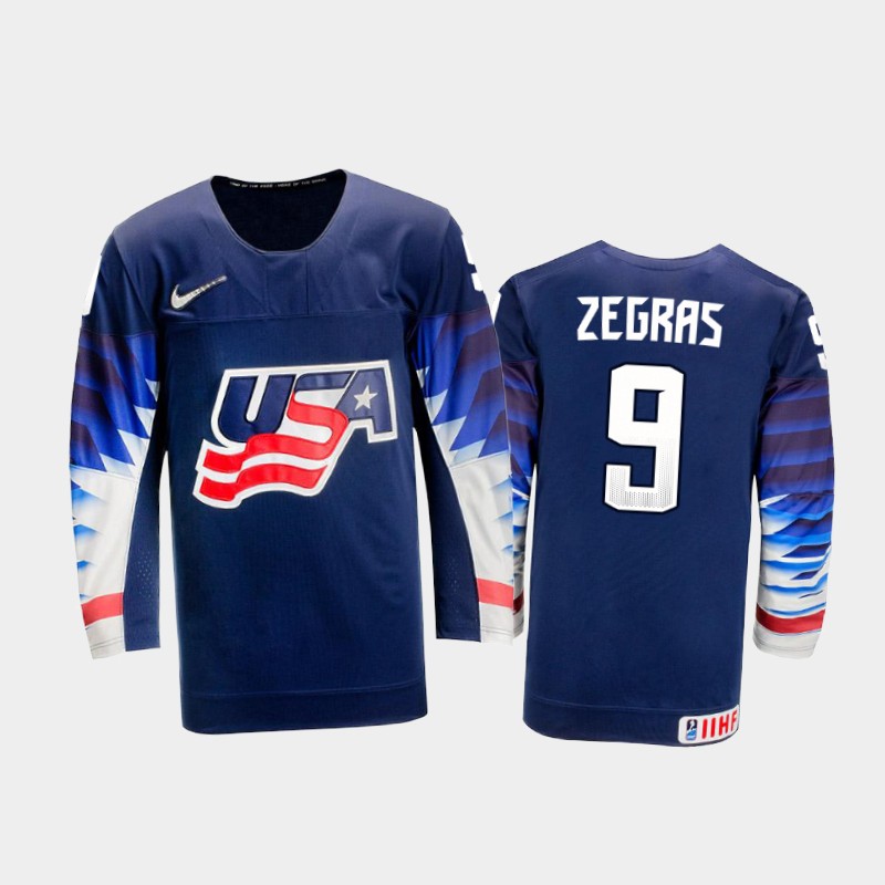 Men USA Team 2021 IIHF World Junior Championship Trevor Zegras #9 Away Navy Jersey
