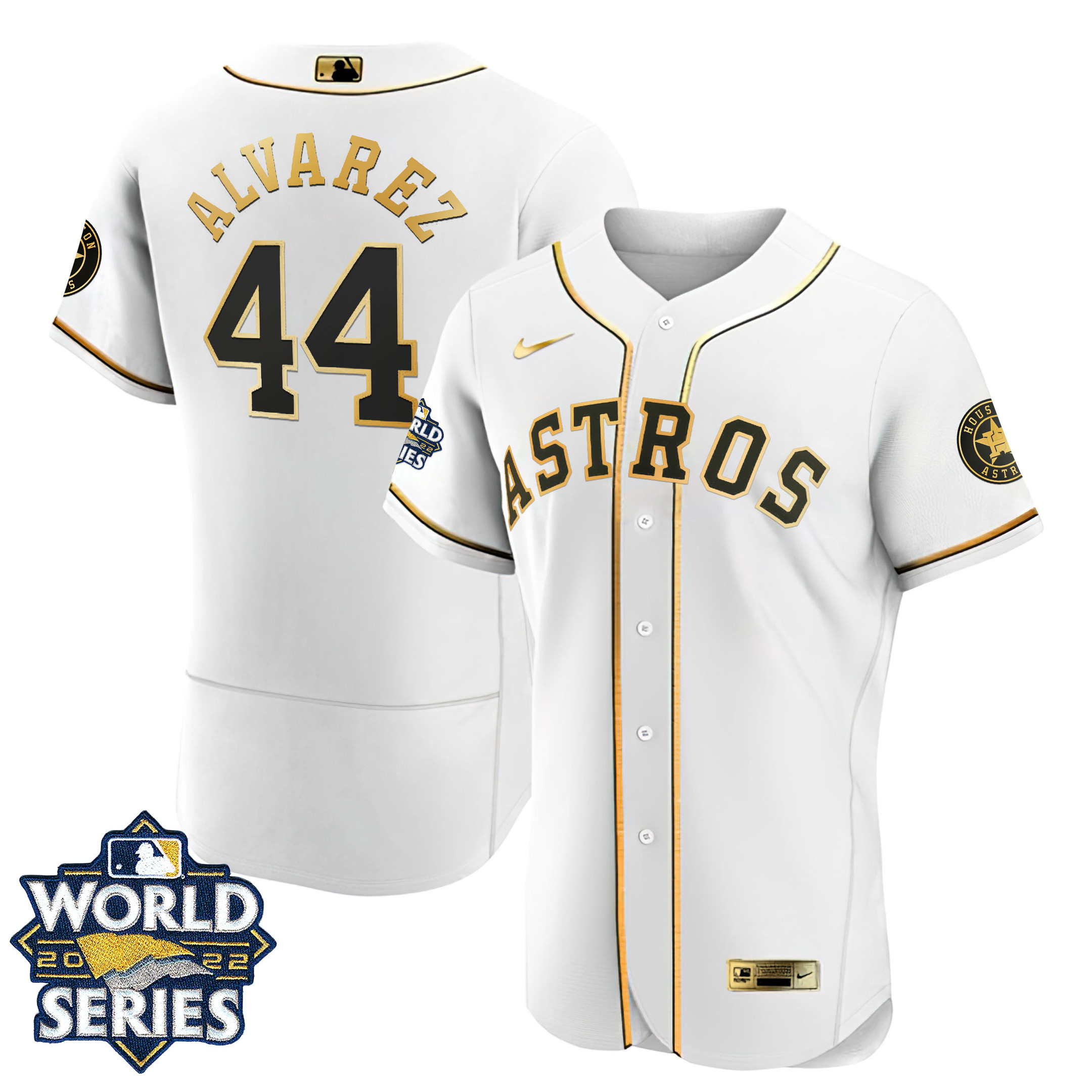 Men Yordan ¡lvarez Houston Astros Flex Base White Gold 2022 World Series Jersey - All Stitched