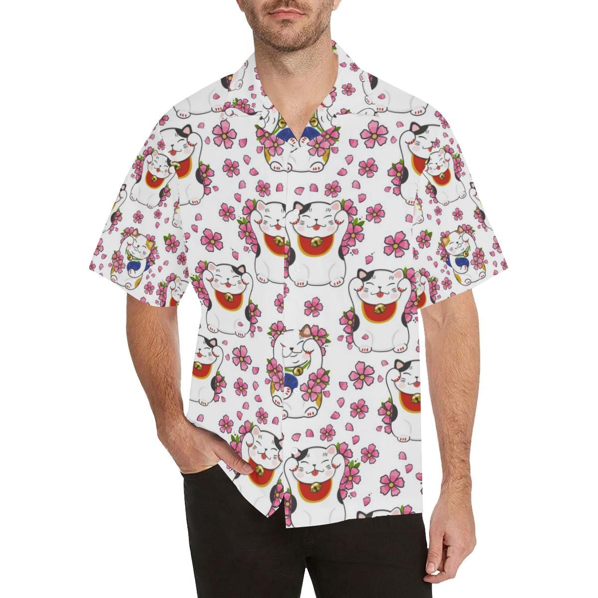 Meneki Neko Lucky Cat Sakura Flower Pattern MenS All Over Print Hawaiian Shirt