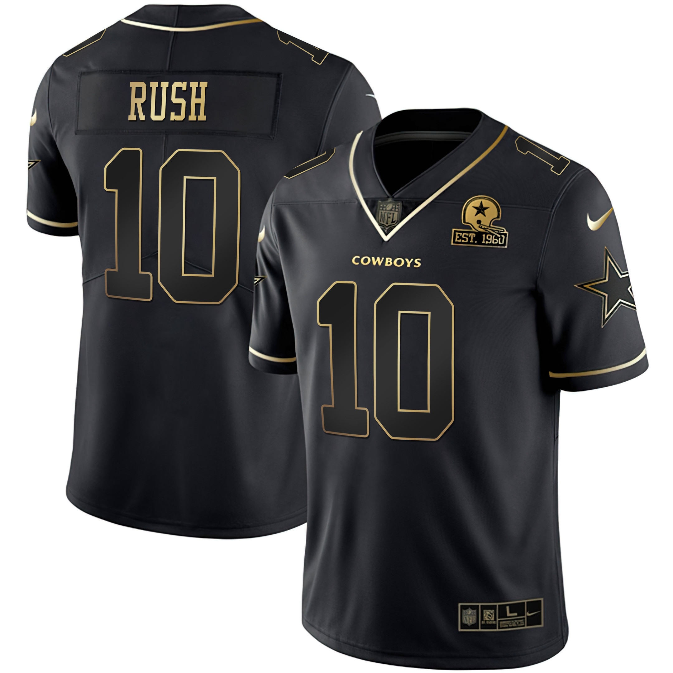 Men's #10 Cooper Rush Dallas Cowboys Collection Black Gold Jersey - All Stitched 
