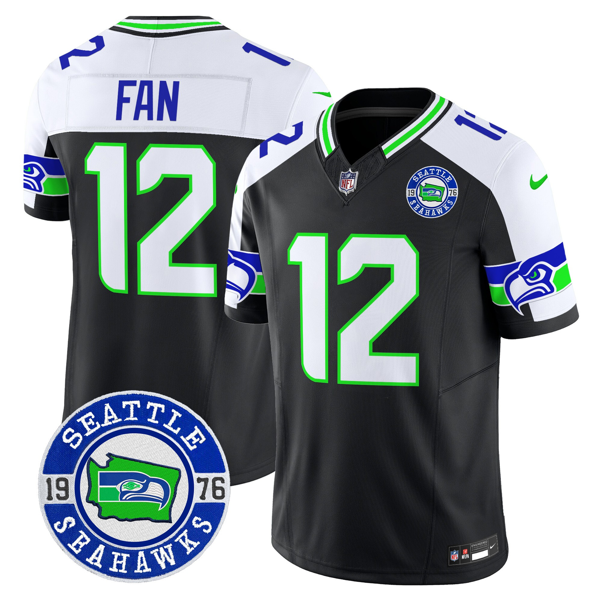 Men's 12Th Fan Seattle Seahawks 2024 Seattle Est. 1976 Patch Vapor Limited Black Alternate Jersey - All Stitched