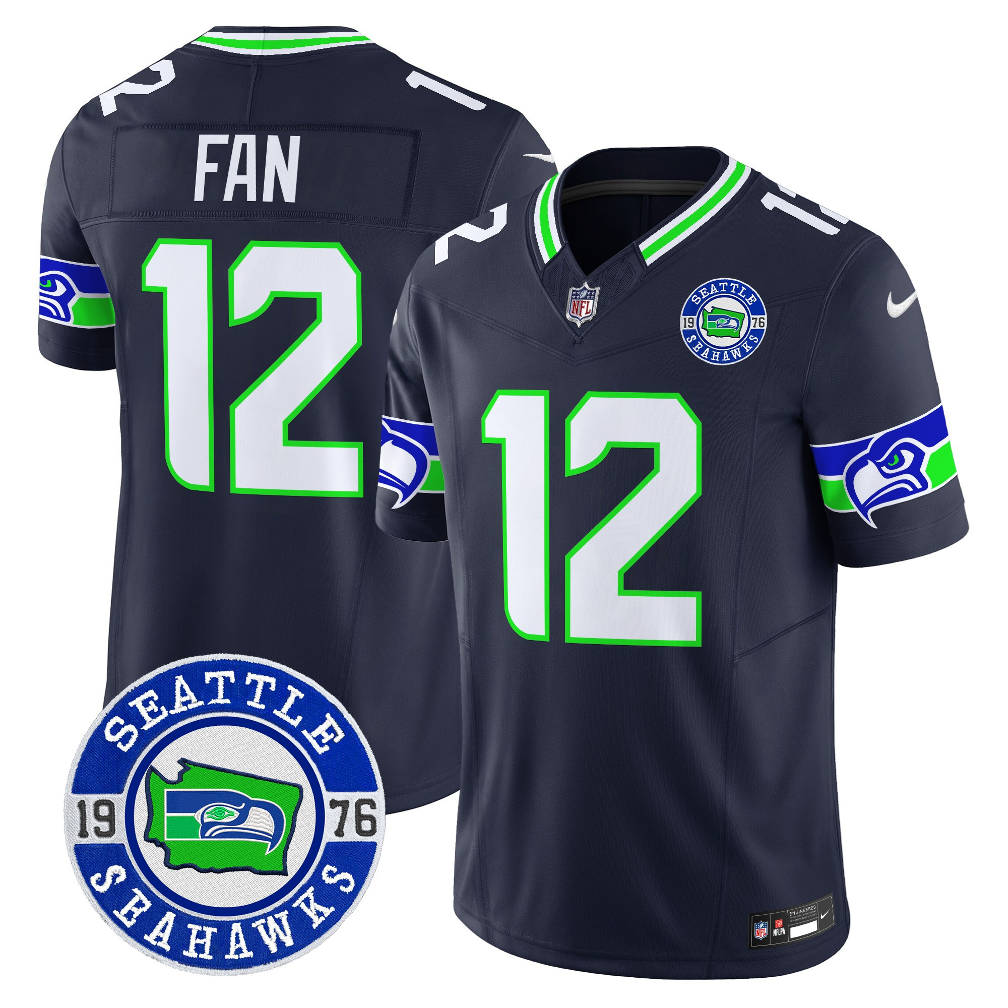 Men's 12Th Fan Seattle Seahawks 2024 Seattle Est. 1976 Patch Vapor Limited Navy Jersey - All Stitched