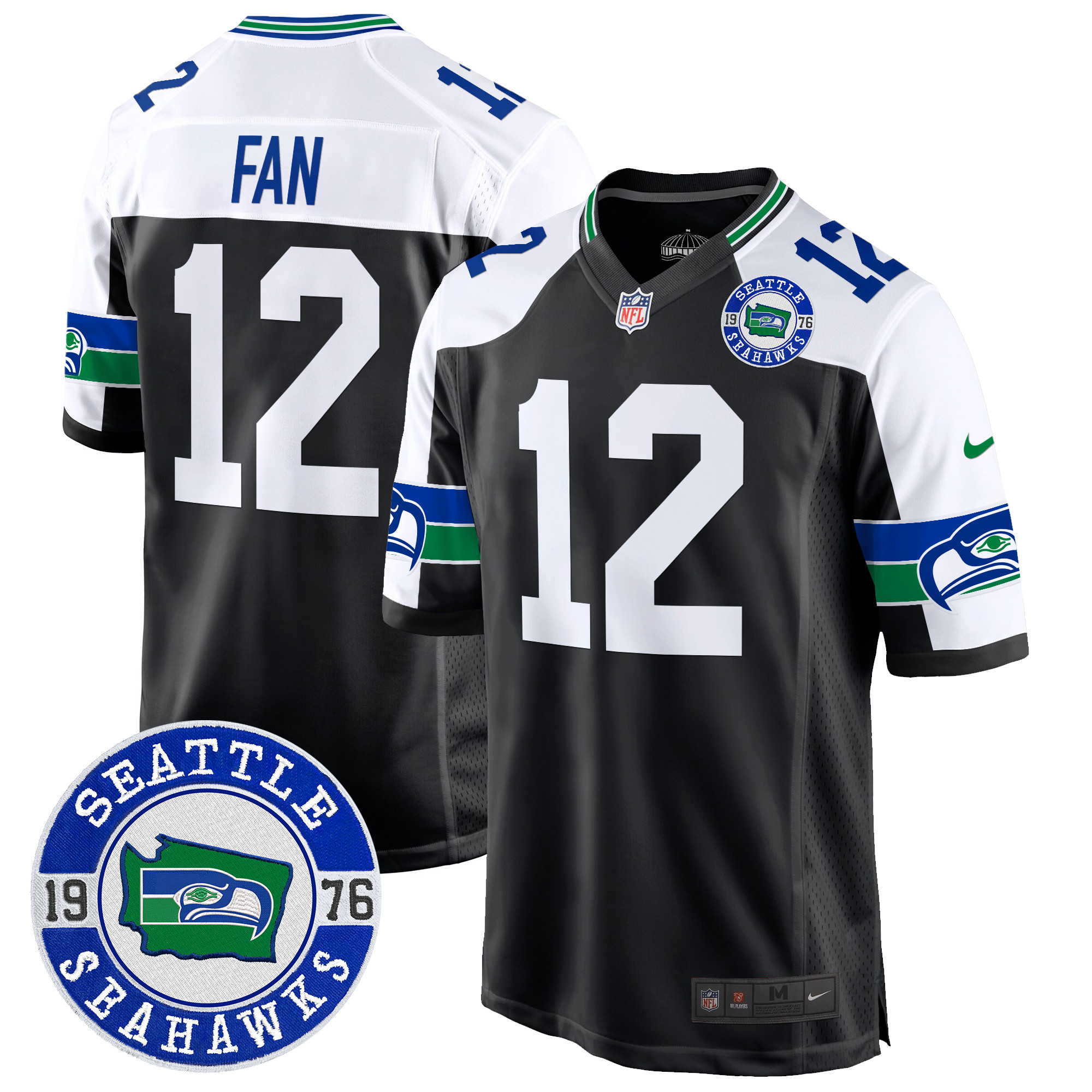 Men's 12th Fan Seattle Seahawks Throwback Est. 1976 Patch Game Black Alternate Jersey - All Stitched