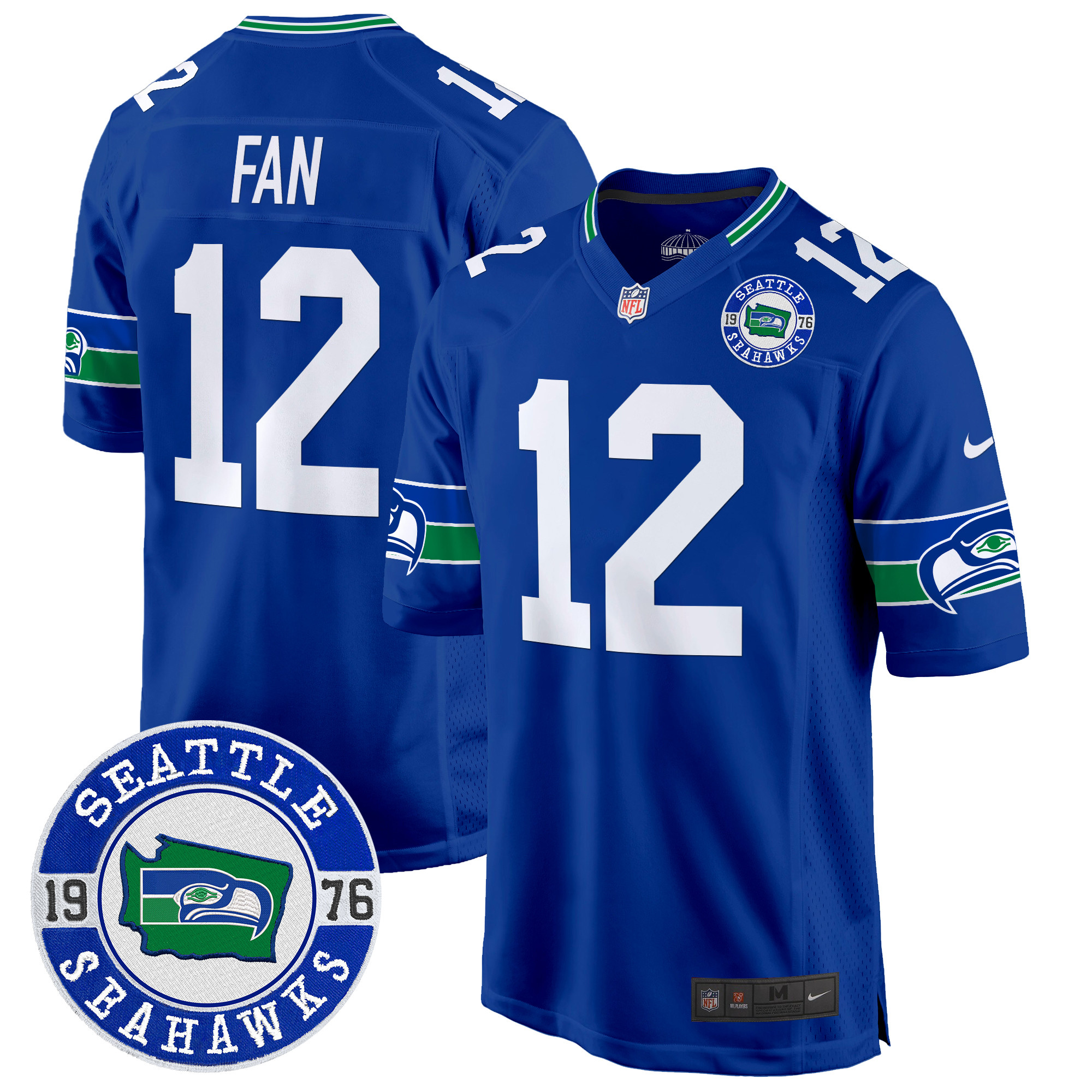Men's 12th Fan Seattle Seahawks Throwback Est. 1976 Patch Game Royal Jersey - All Stitched