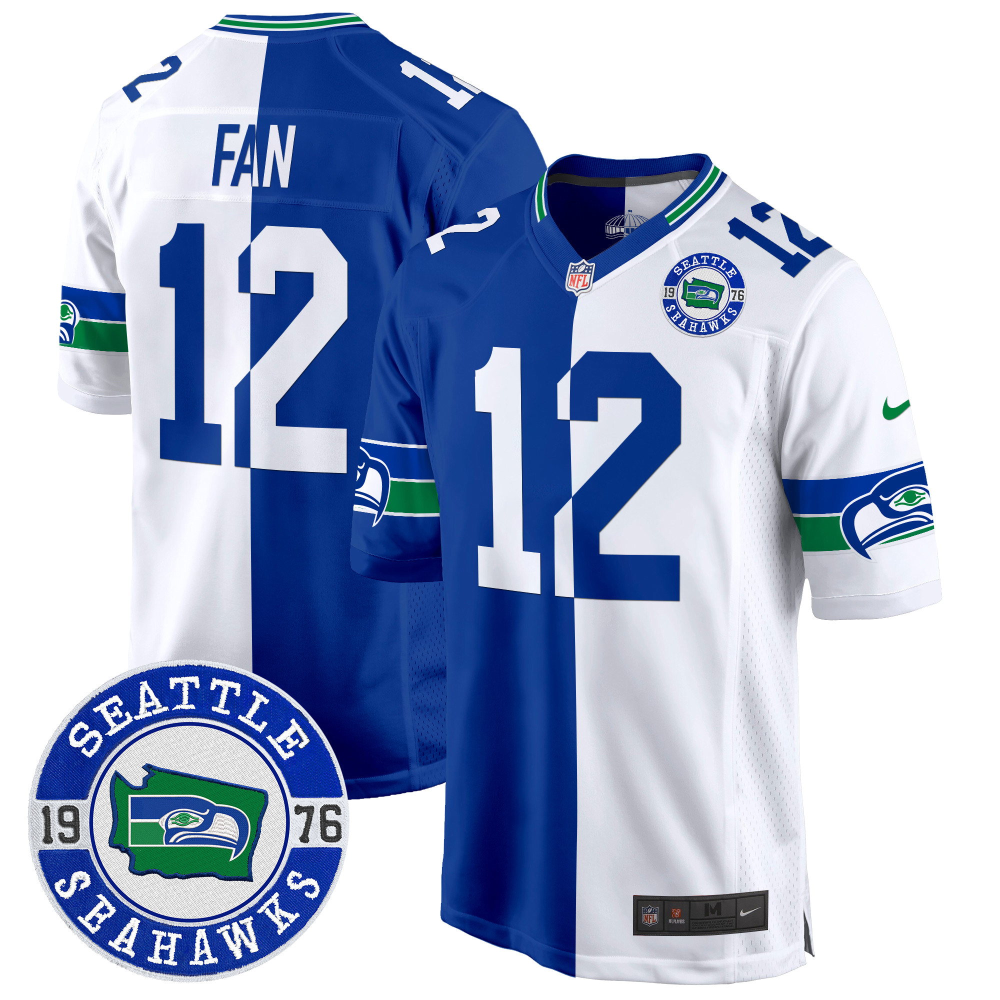 Men's 12th Fan Seattle Seahawks Throwback Est. 1976 Patch Game Split Jersey - All Stitched