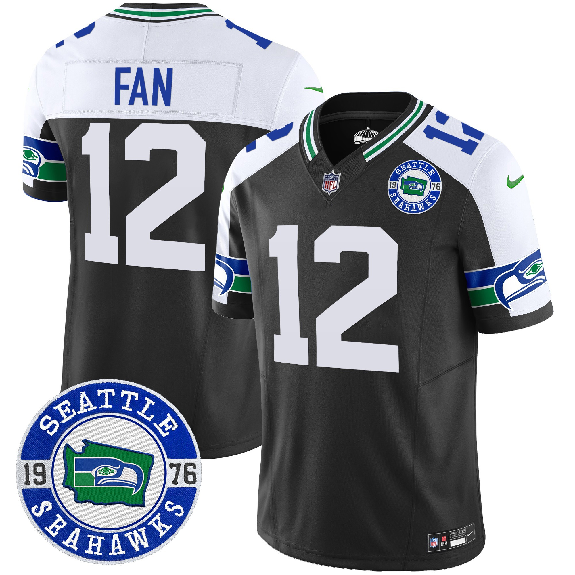 Men's 12th Fan Seattle Seahawks Throwback Est. 1976 Patch Vapor Limited Black Alternate Jersey - All Stitched