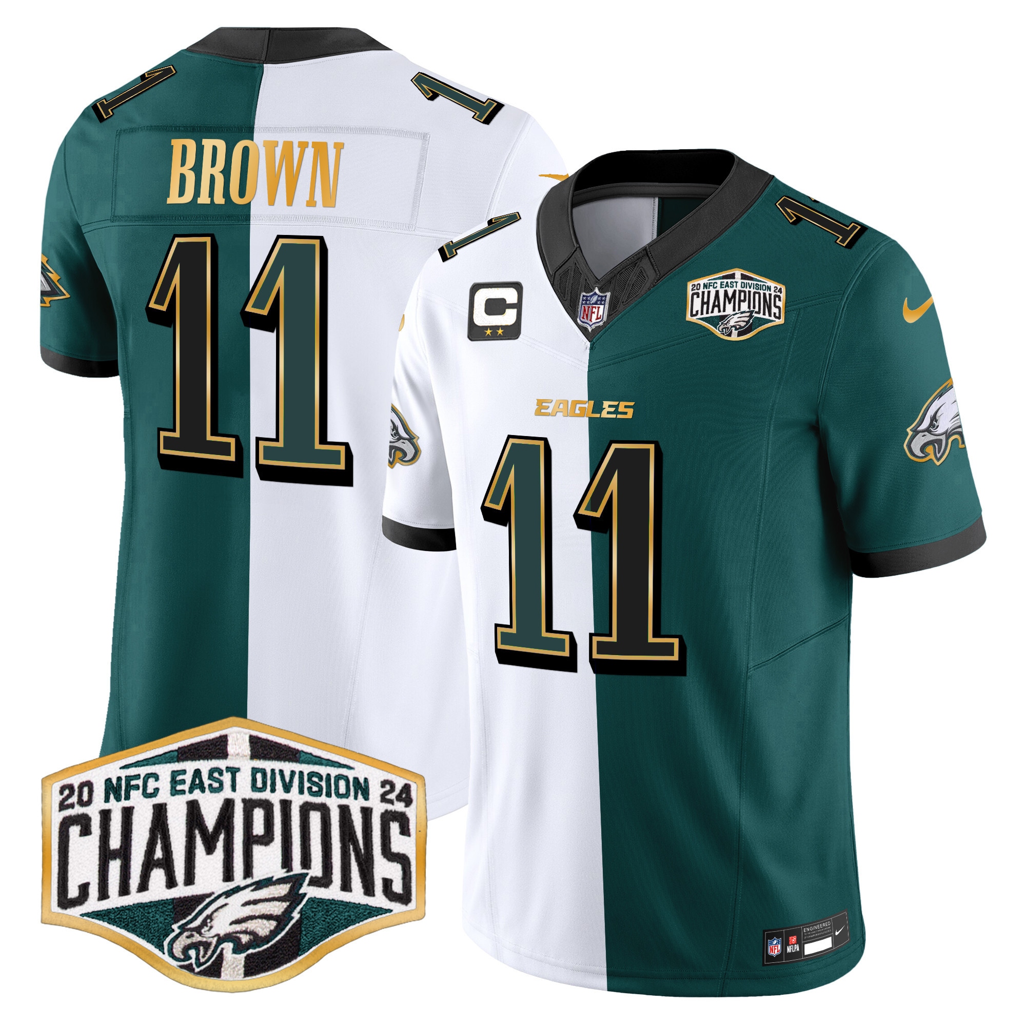Men's A.J. Brown Philadelphia Eagles 2024 NFC East Division Champions Gold Trim Vapor Limited Split Jersey - All Stitched