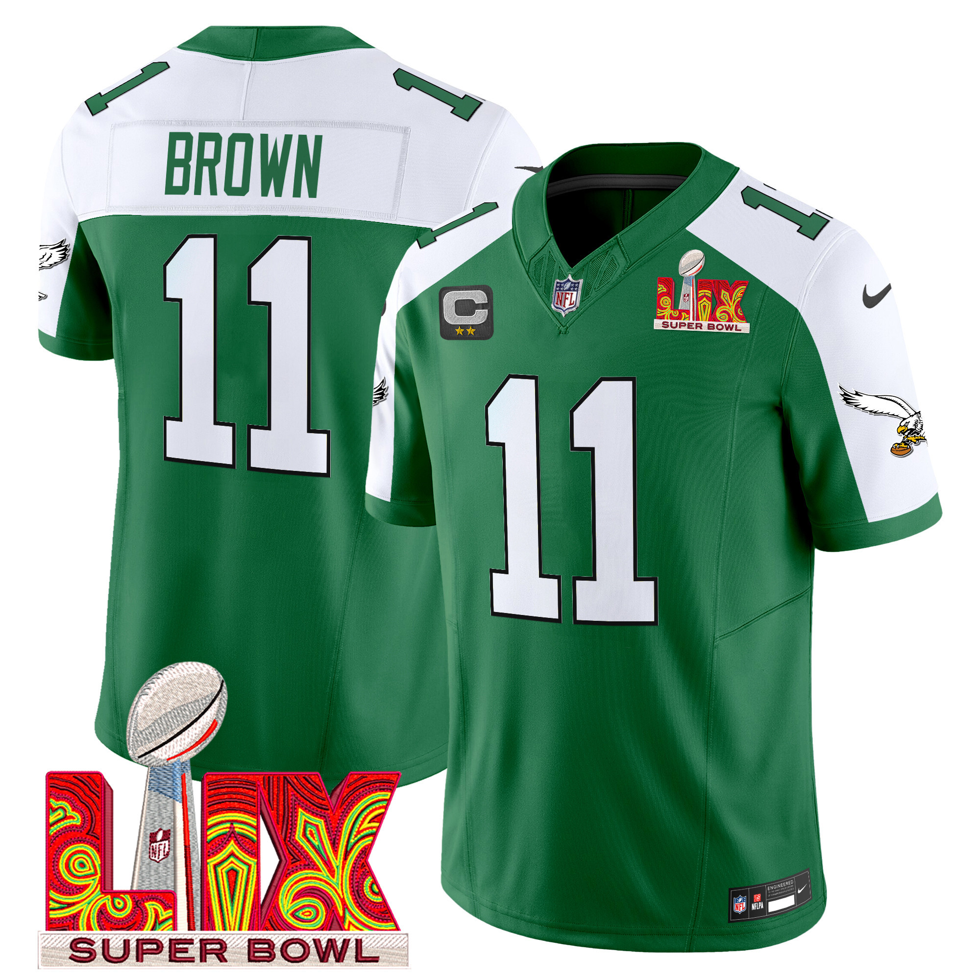 Men's A.J. Brown Philadelphia Eagles Kelly Green Super Bowl LIX Patch Vapor Limited Kelly Alternate Jersey - All Stitched
