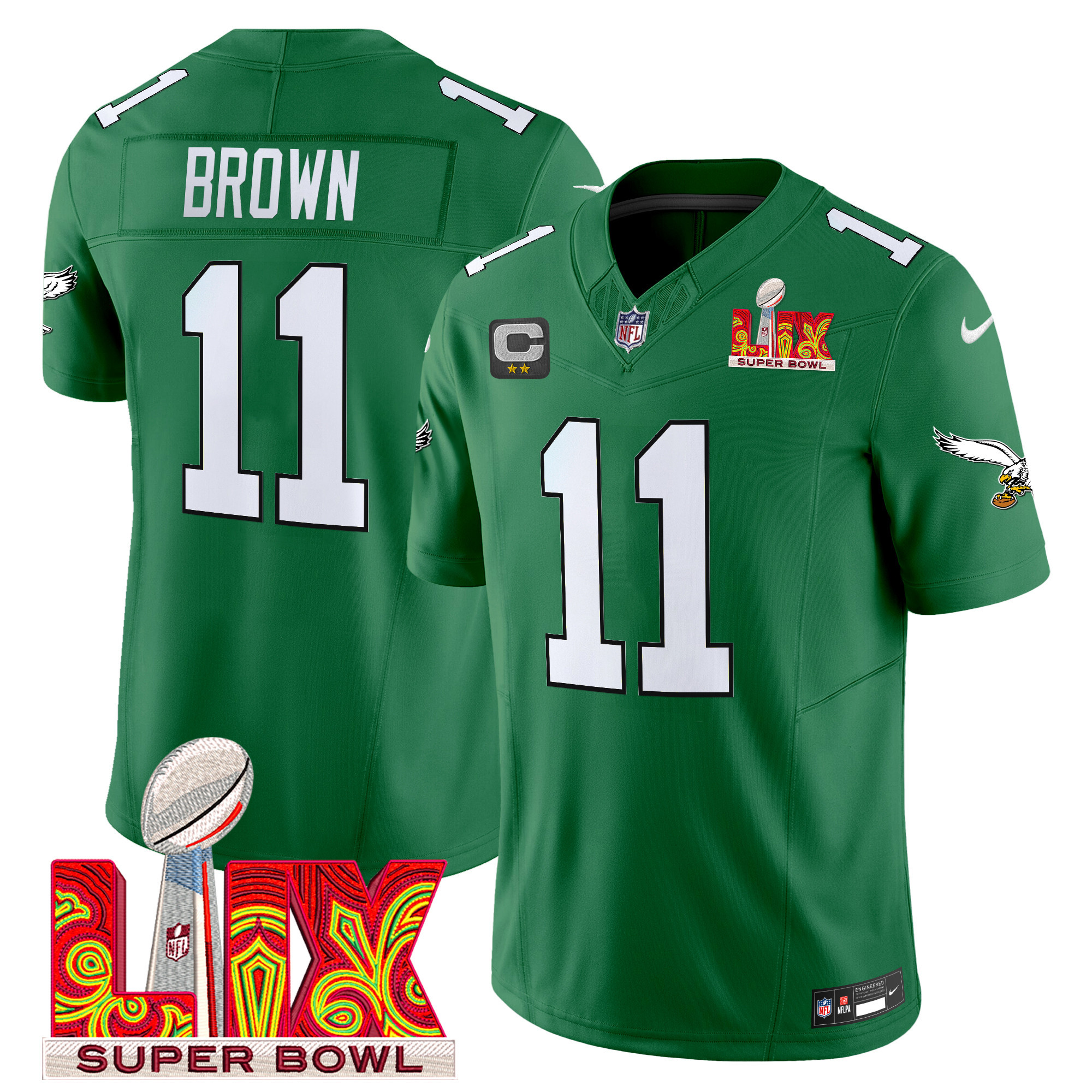 Men's A.J. Brown Philadelphia Eagles Kelly Green Super Bowl LIX Patch Vapor Limited Kelly Green Jersey - All Stitched