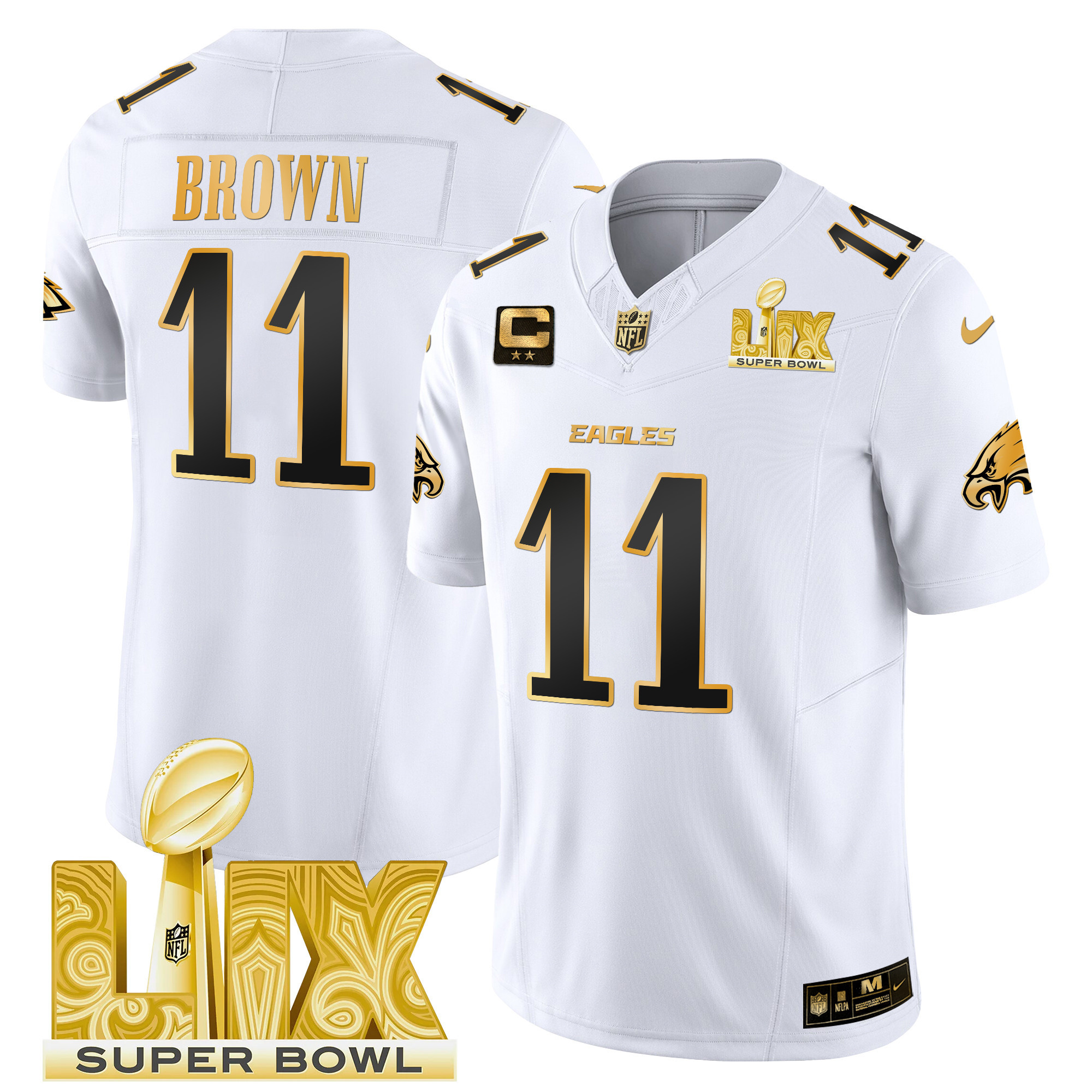 Men's A.J. Brown Philadelphia Eagles Super Bowl LIX Patch Gold Vapor Limited White Gold Jersey - All Stitched