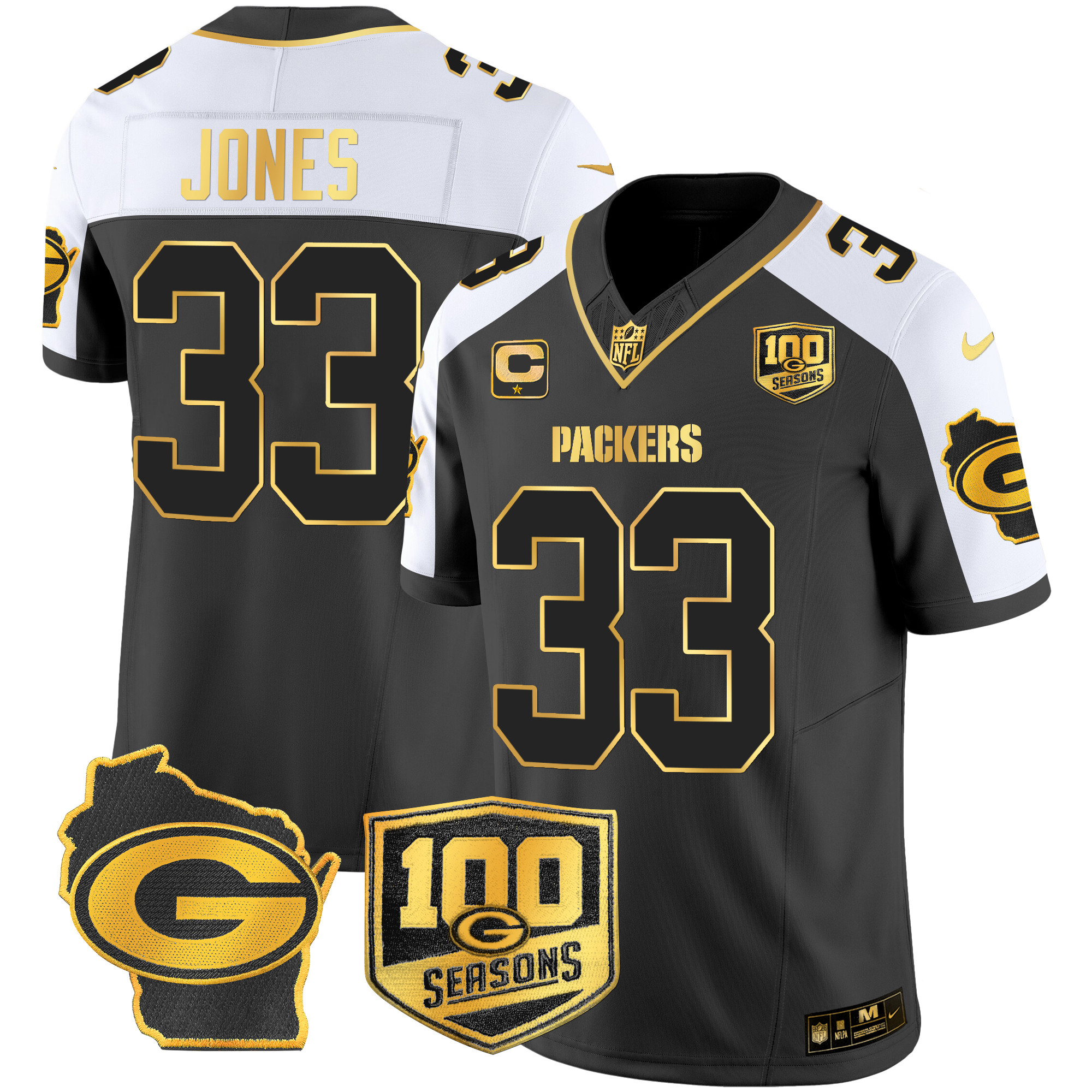 Men's Aaron Jones Green Bay Packers 100th Season & Home Patch Gold Vapor Limited Alternate Jersey – All Stitched