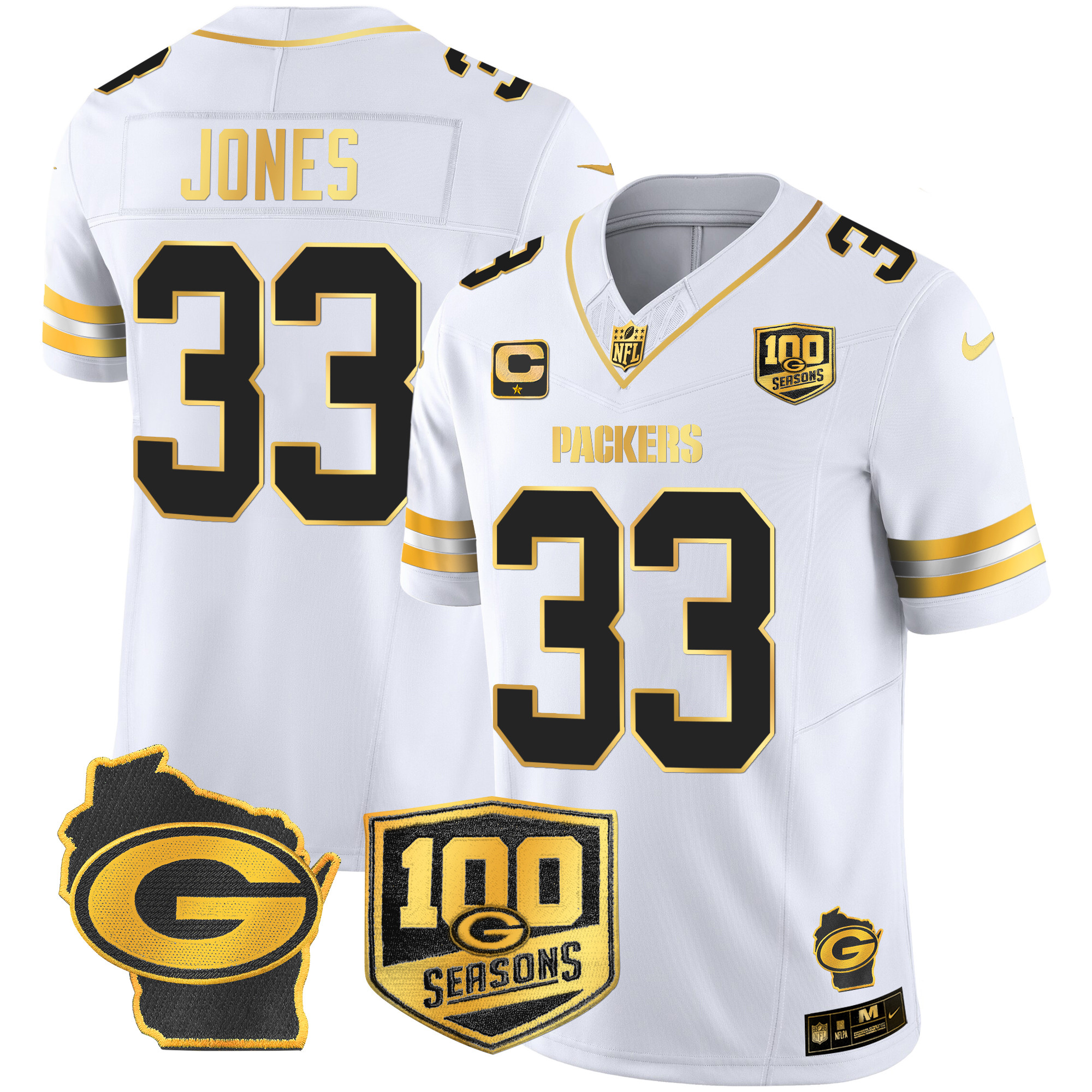 Men's Aaron Jones Green Bay Packers 100th Season & Home Patch Gold Vapor Limited White Gold Jersey – All Stitched