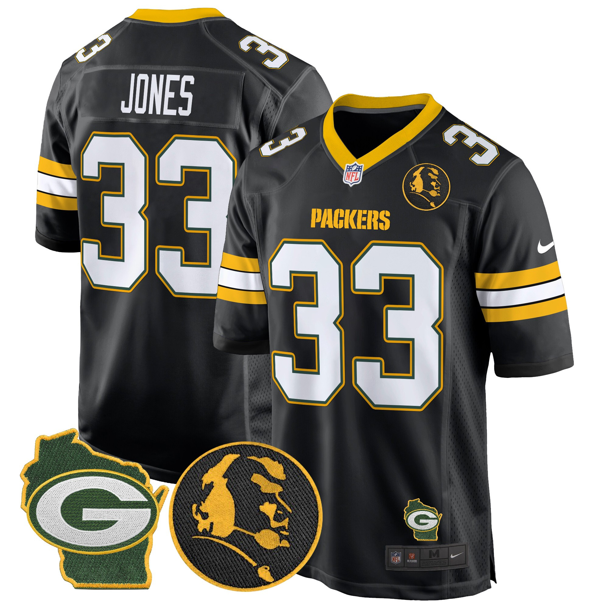 Men's Aaron Jones Green Bay Packers John Madden & Home Patch Game Black Jersey - All Stitched