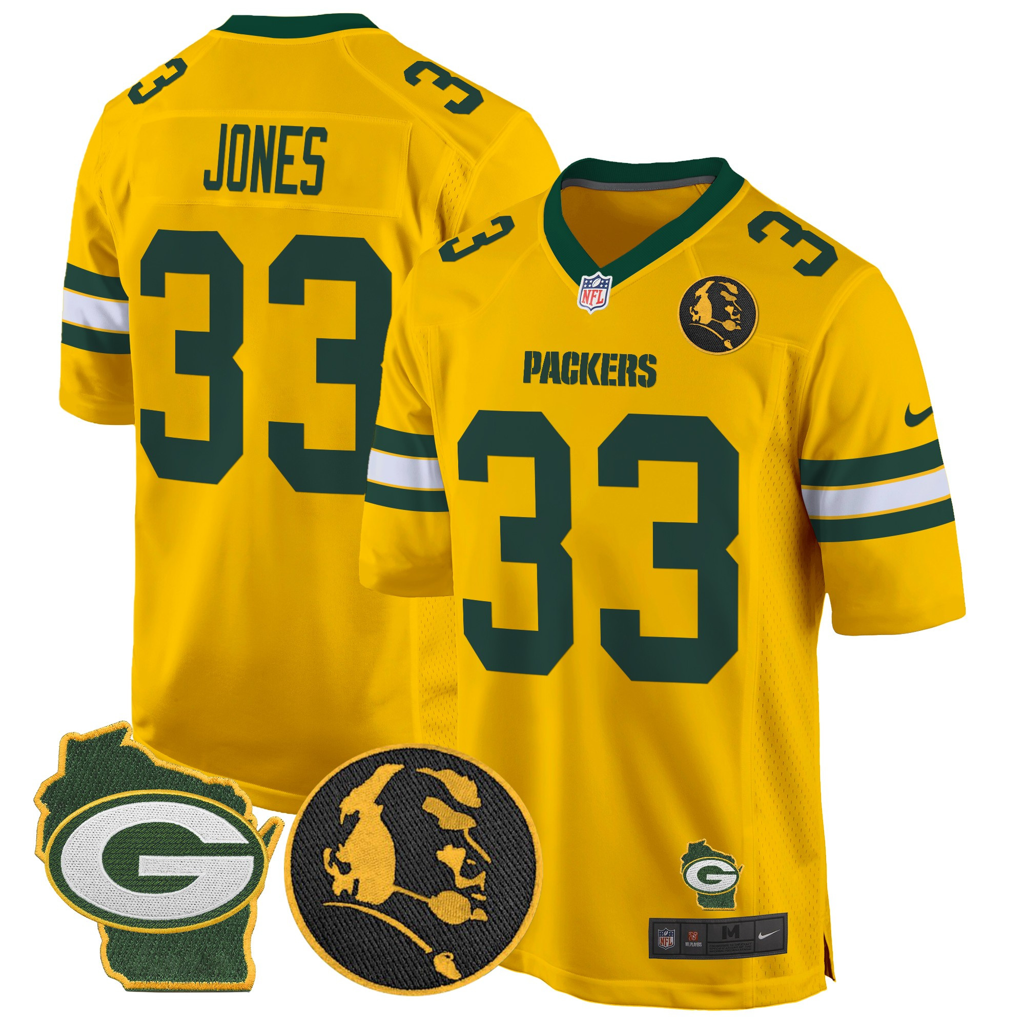 Men's Aaron Jones Green Bay Packers John Madden & Home Patch Game Gold Jersey - All Stitched