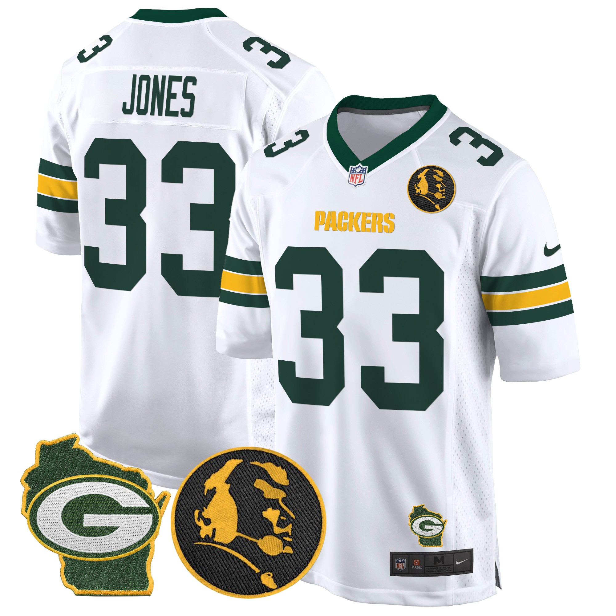Men's Aaron Jones Green Bay Packers John Madden & Home Patch Game White Jersey - All Stitched