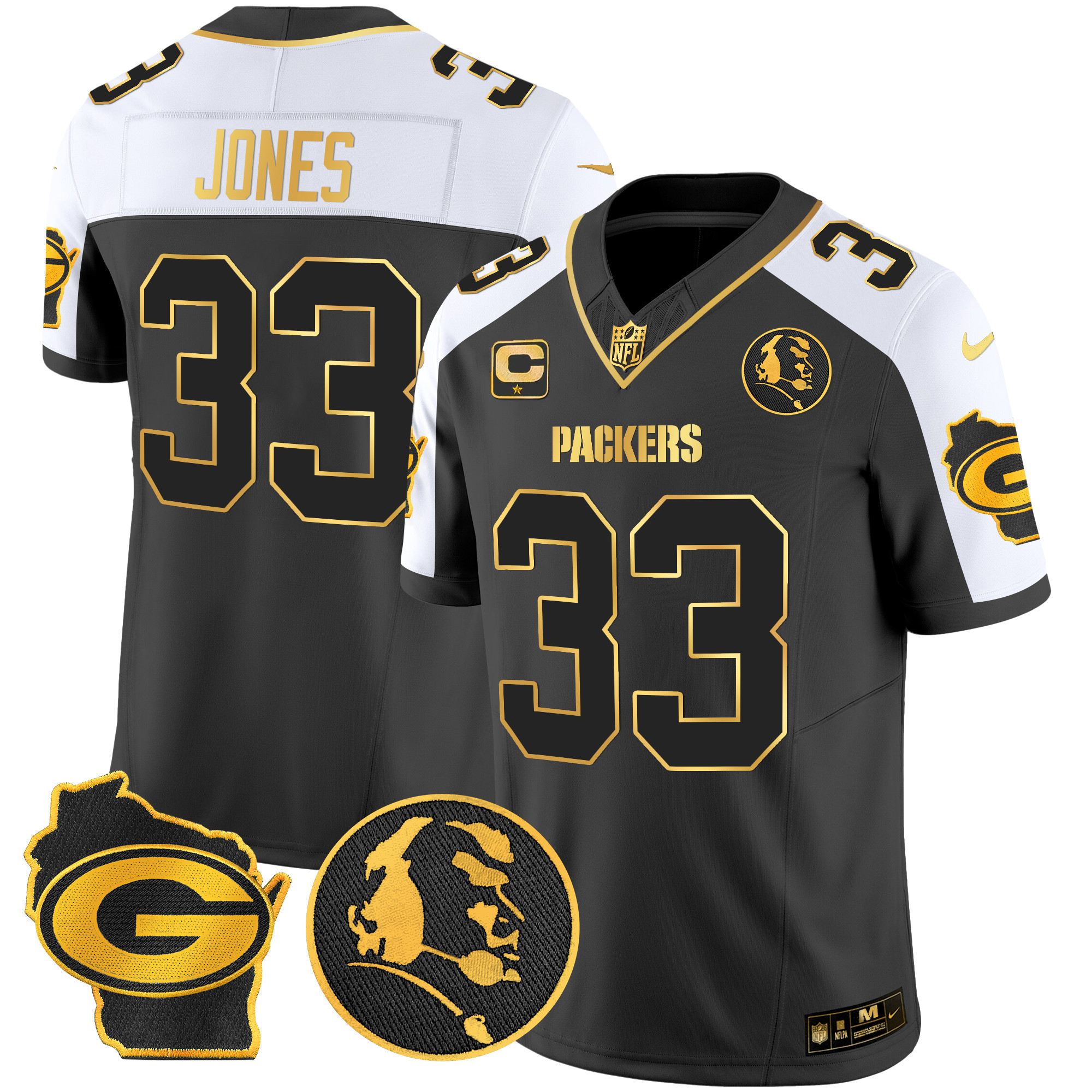 Men's Aaron Jones Green Bay Packers John Madden & Home Patch Gold Vapor Limited Alternate Jersey - All Stitched