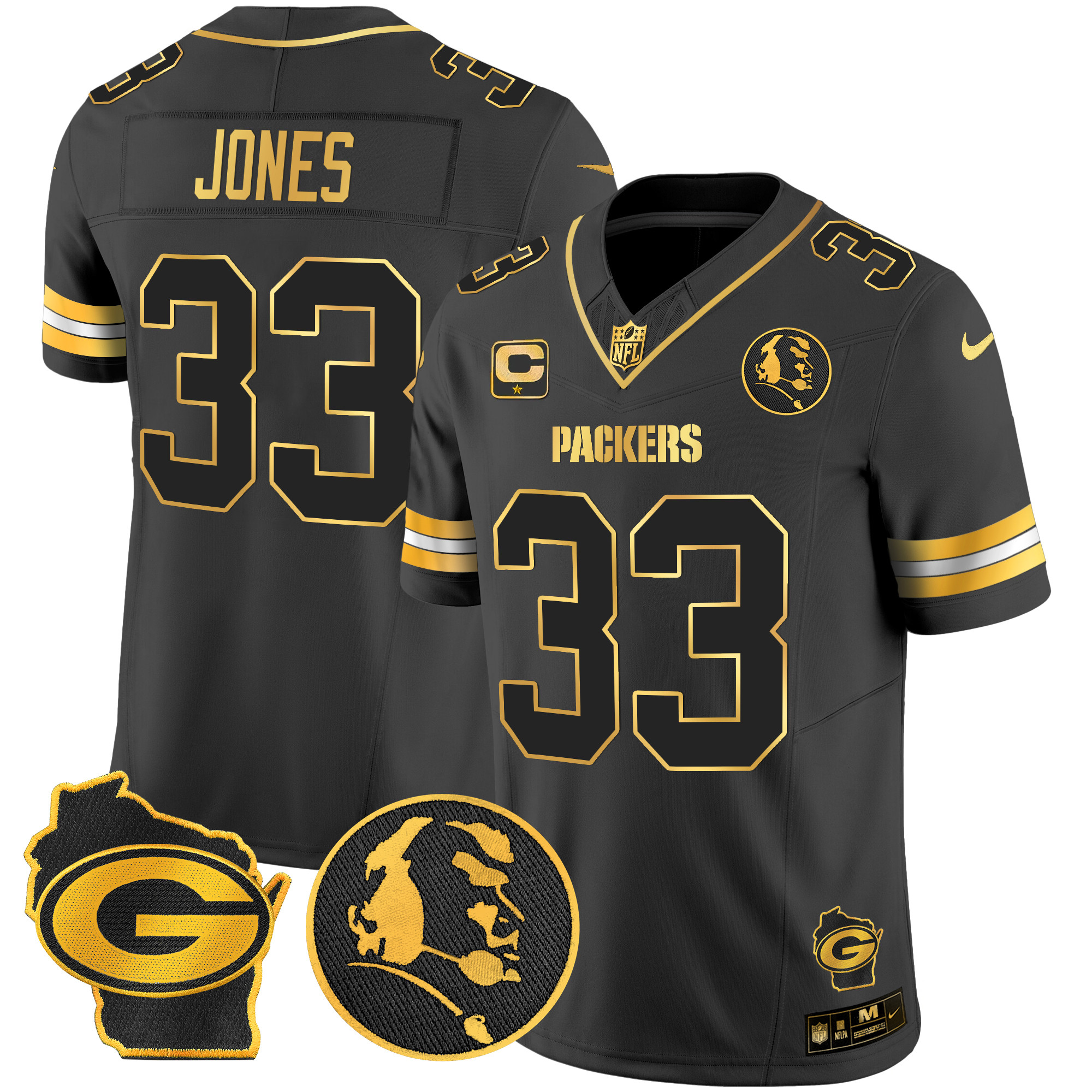 Men's Aaron Jones Green Bay Packers John Madden & Home Patch Gold Vapor Limited Black Gold Jersey - All Stitched