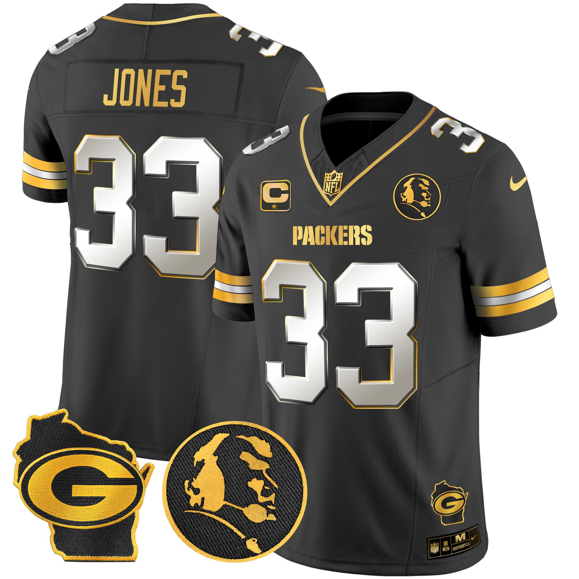 Men's Aaron Jones Green Bay Packers John Madden & Home Patch Gold Vapor Limited Black Limited Jersey - All Stitched