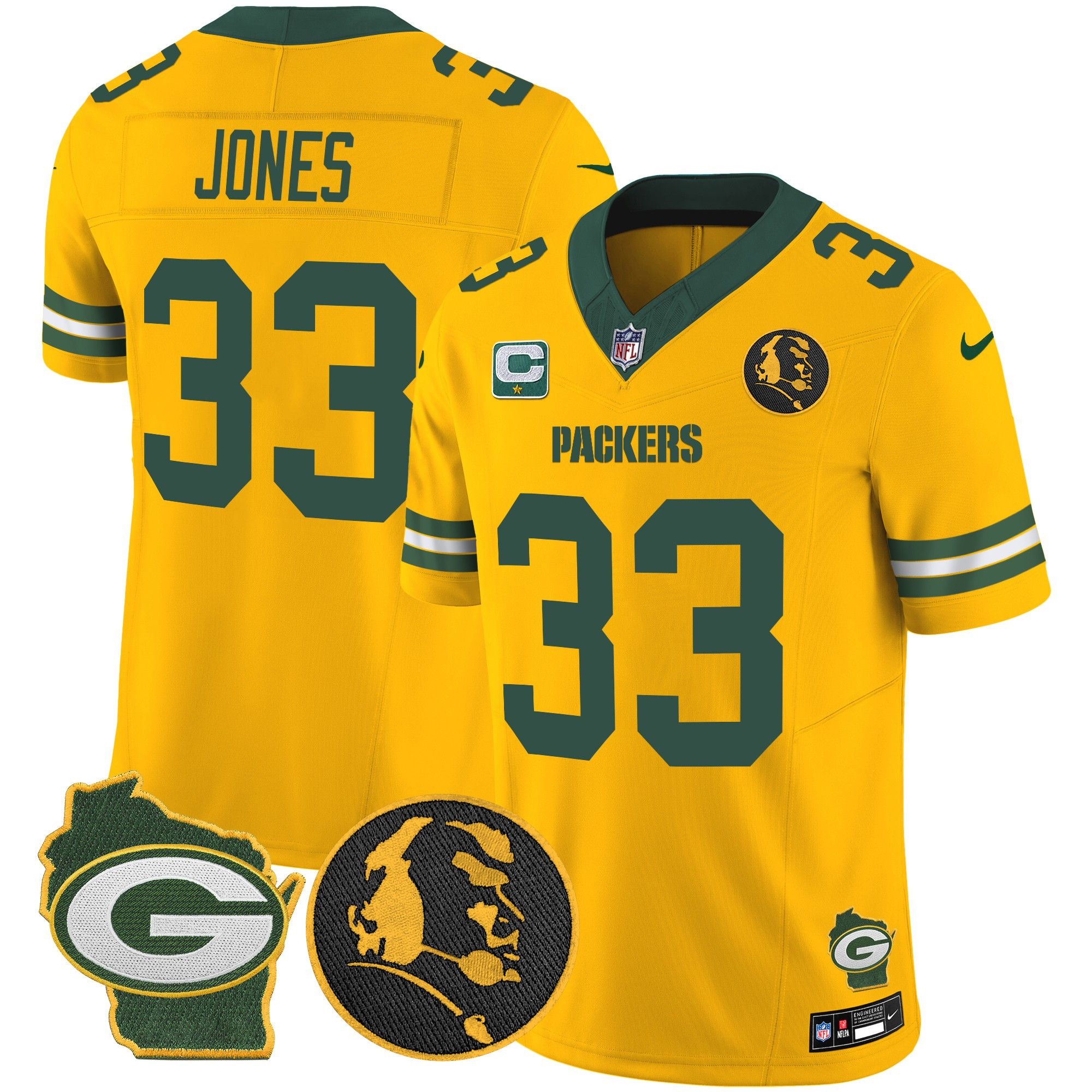 Men's Aaron Jones Green Bay Packers John Madden & Home Patch Vapor Limited Gold Jersey - All Stitched