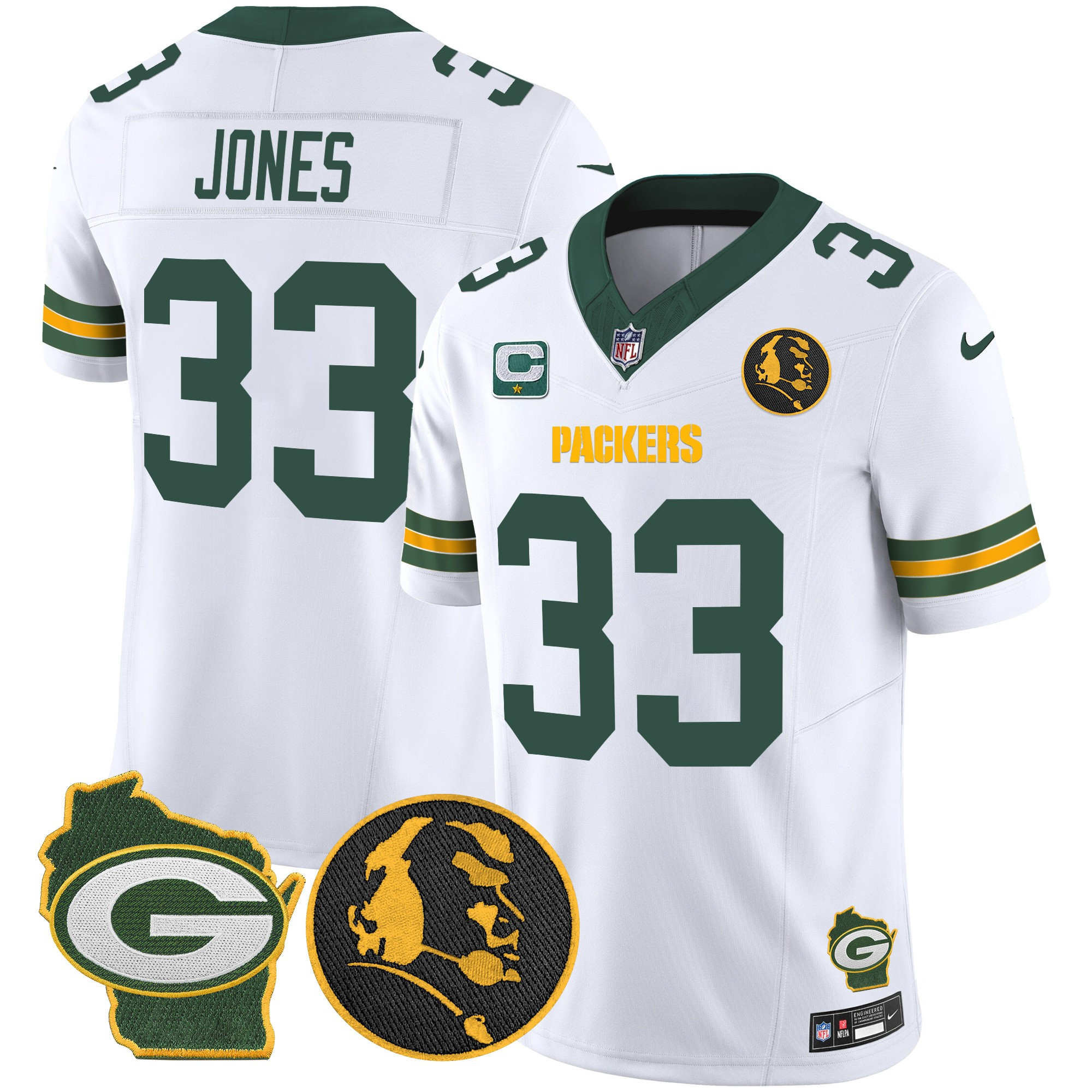 Men's Aaron Jones Green Bay Packers John Madden & Home Patch Vapor Limited White Jersey - All Stitched