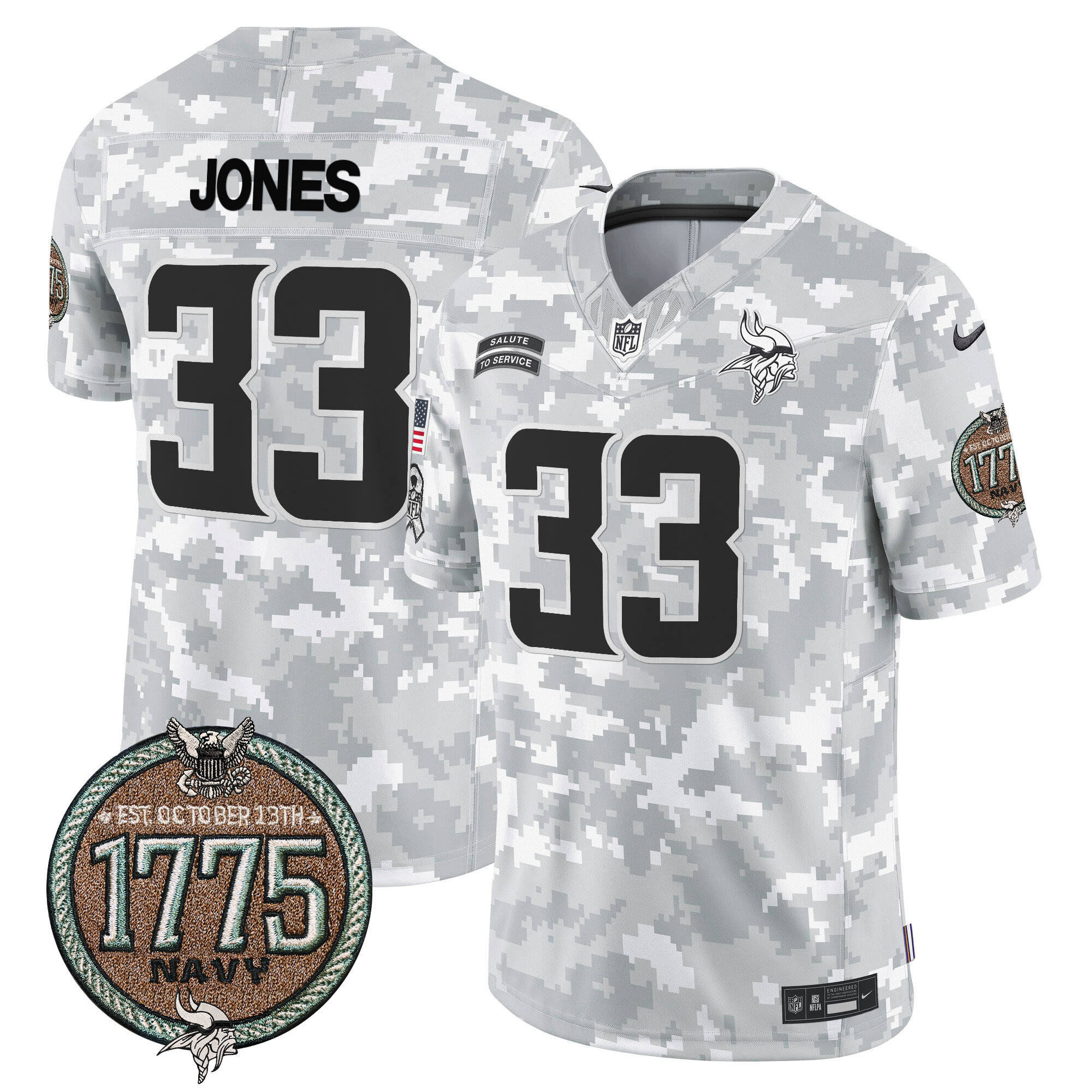 Men's Aaron Jones Minnesota Vikings 2024 Salute to Service Establishment Year Patch Vapor Limited Navy Jersey - All Stitched