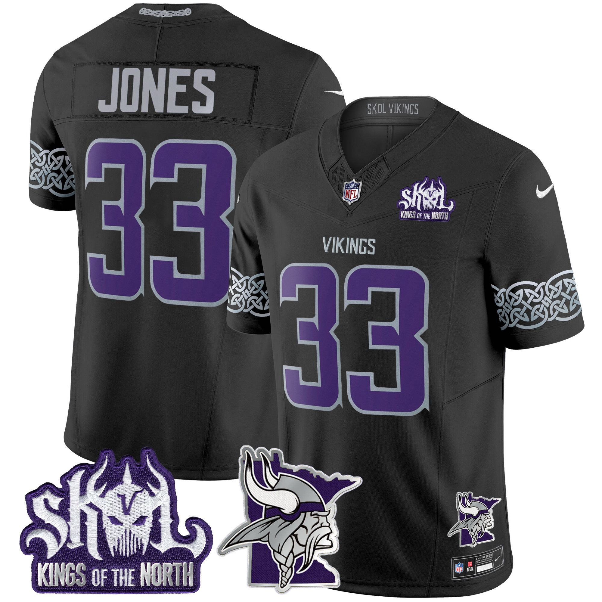 Men's Aaron Jones Minnesota Vikings 2024 Winter Warrior Skol Patch Vapor Limited Black Jersey V2 - All Stitched