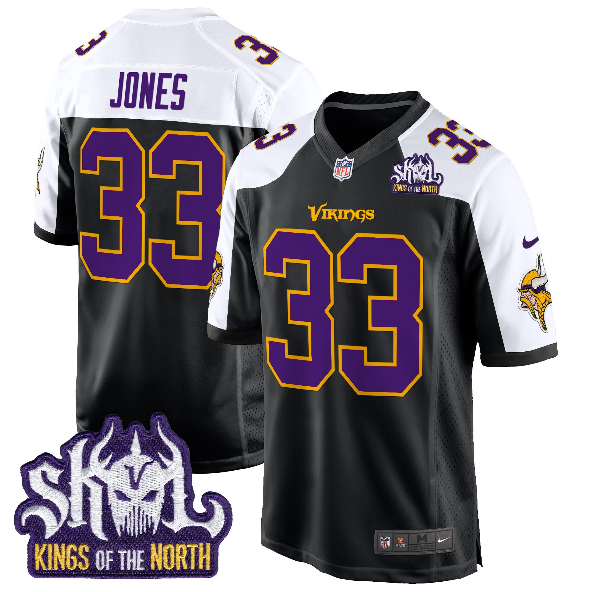 Men's Aaron Jones Minnesota Vikings King Of The North Patch Throwback Game Black Alternate Jersey - All Stitched