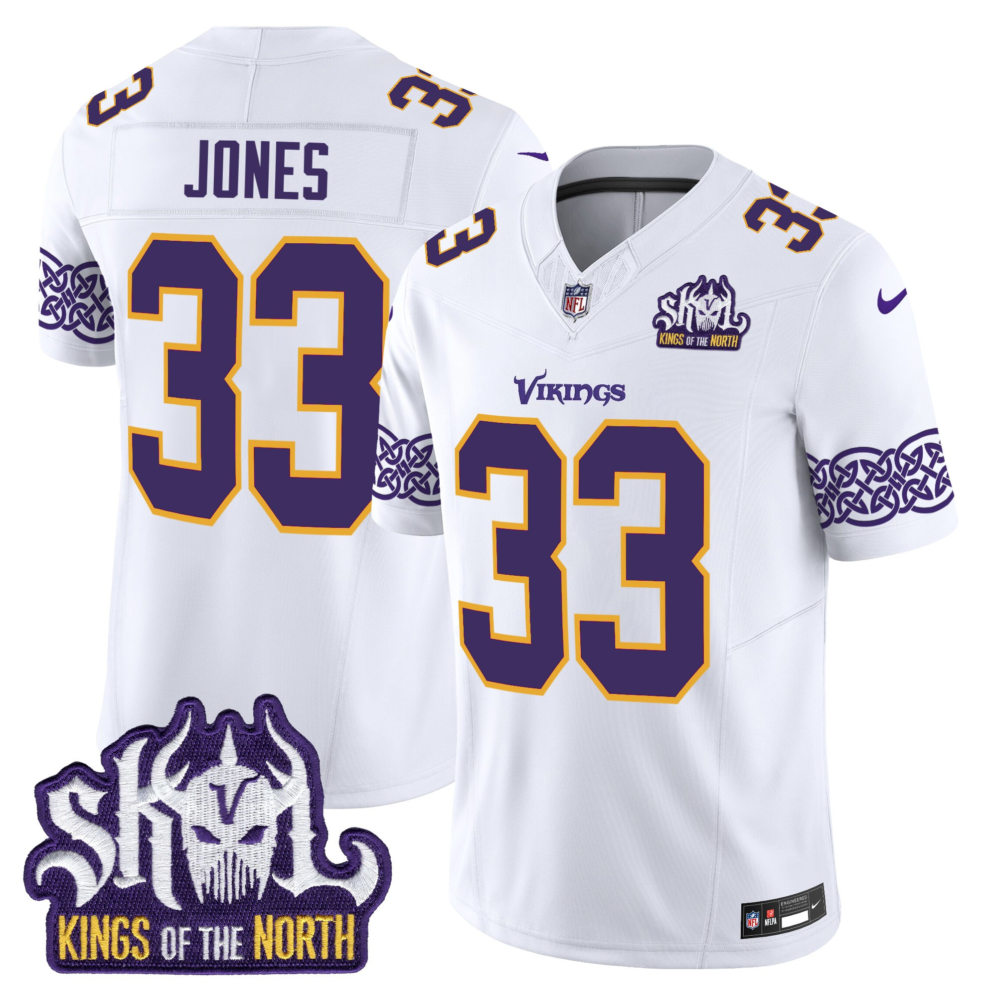 Men's Aaron Jones Minnesota Vikings King Of The North Patch Throwback Vapor Limited White Jersey - All Stitched