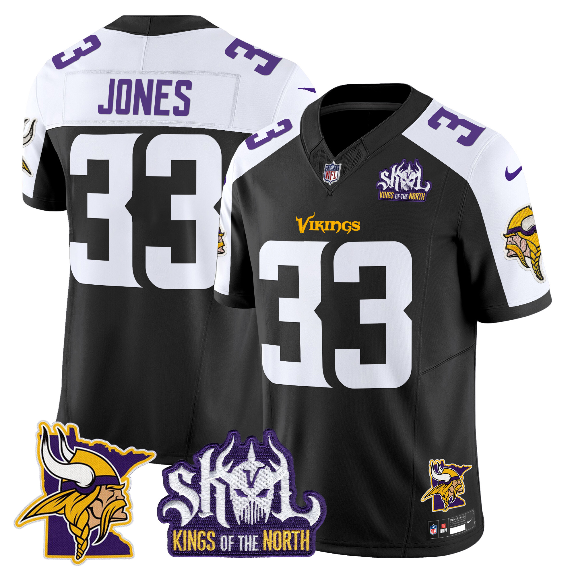 Men's Aaron Jones Minnesota Vikings Kings Of The North Patch Vapor Limited Black Alternate Jersey - All Stitched