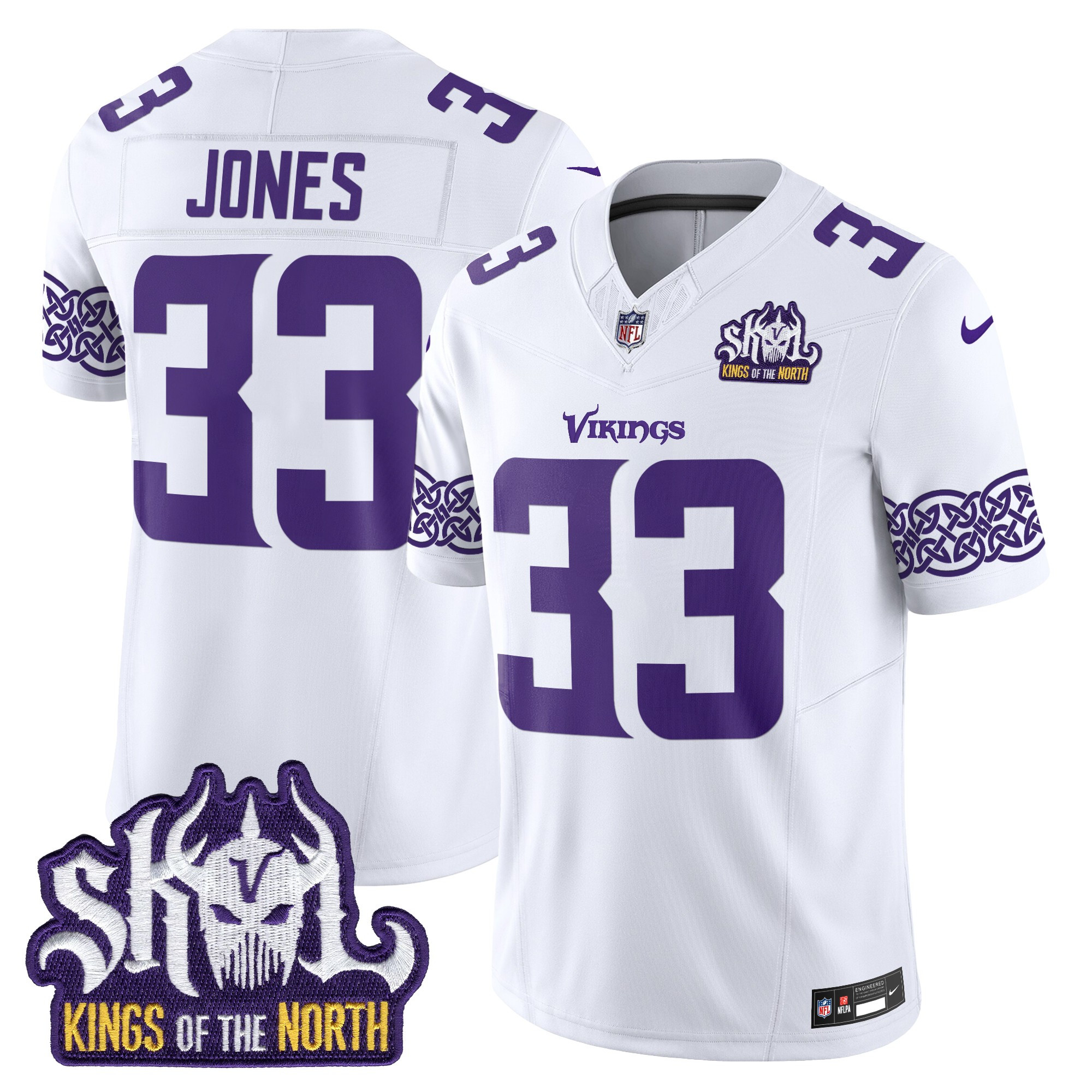 Men's Aaron Jones Minnesota Vikings Kings Of The North Patch Vapor Limited White Jersey - All Stitched
