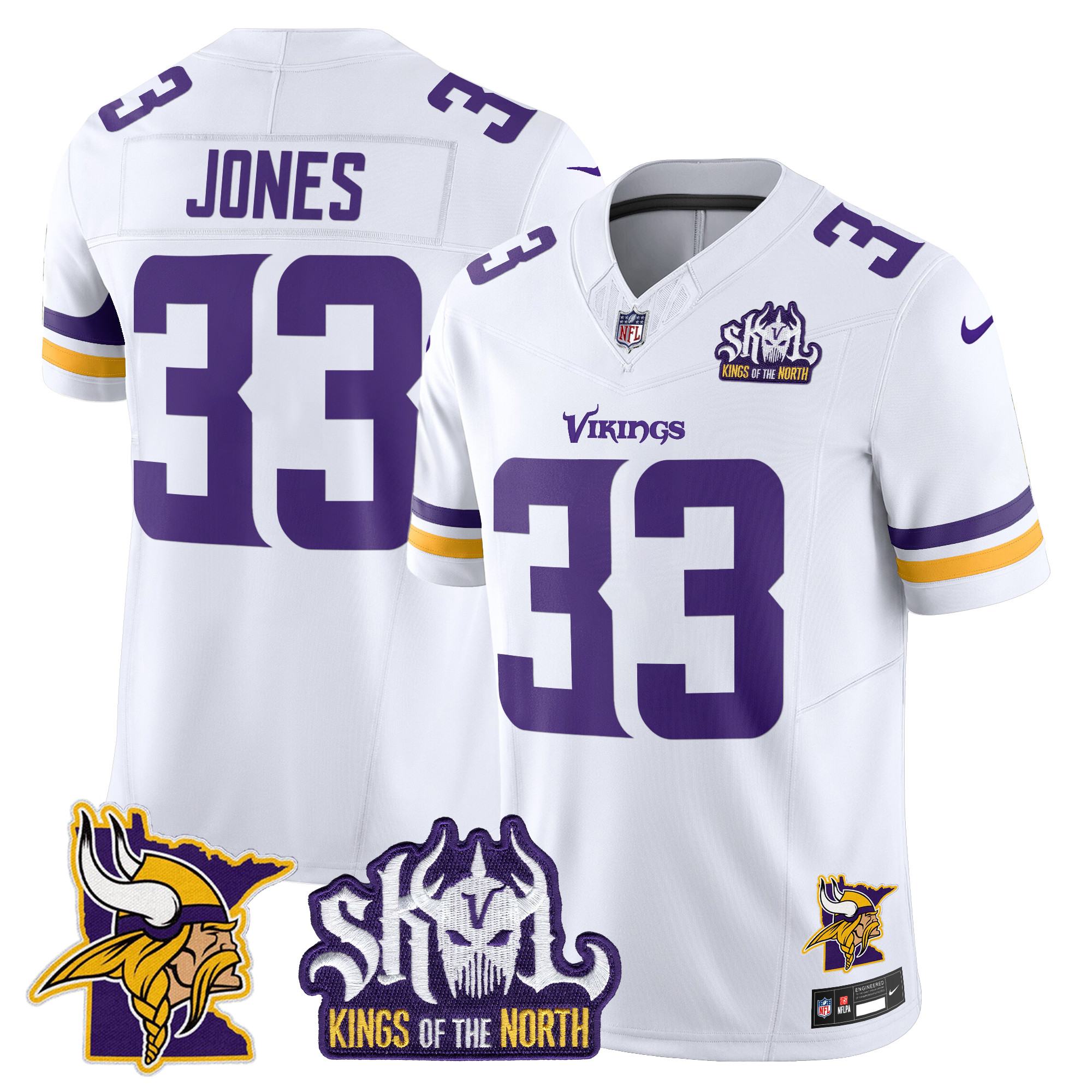 Men's Aaron Jones Minnesota Vikings Kings Of The North Patch Vapor Limited White Jersey - All Stitched
