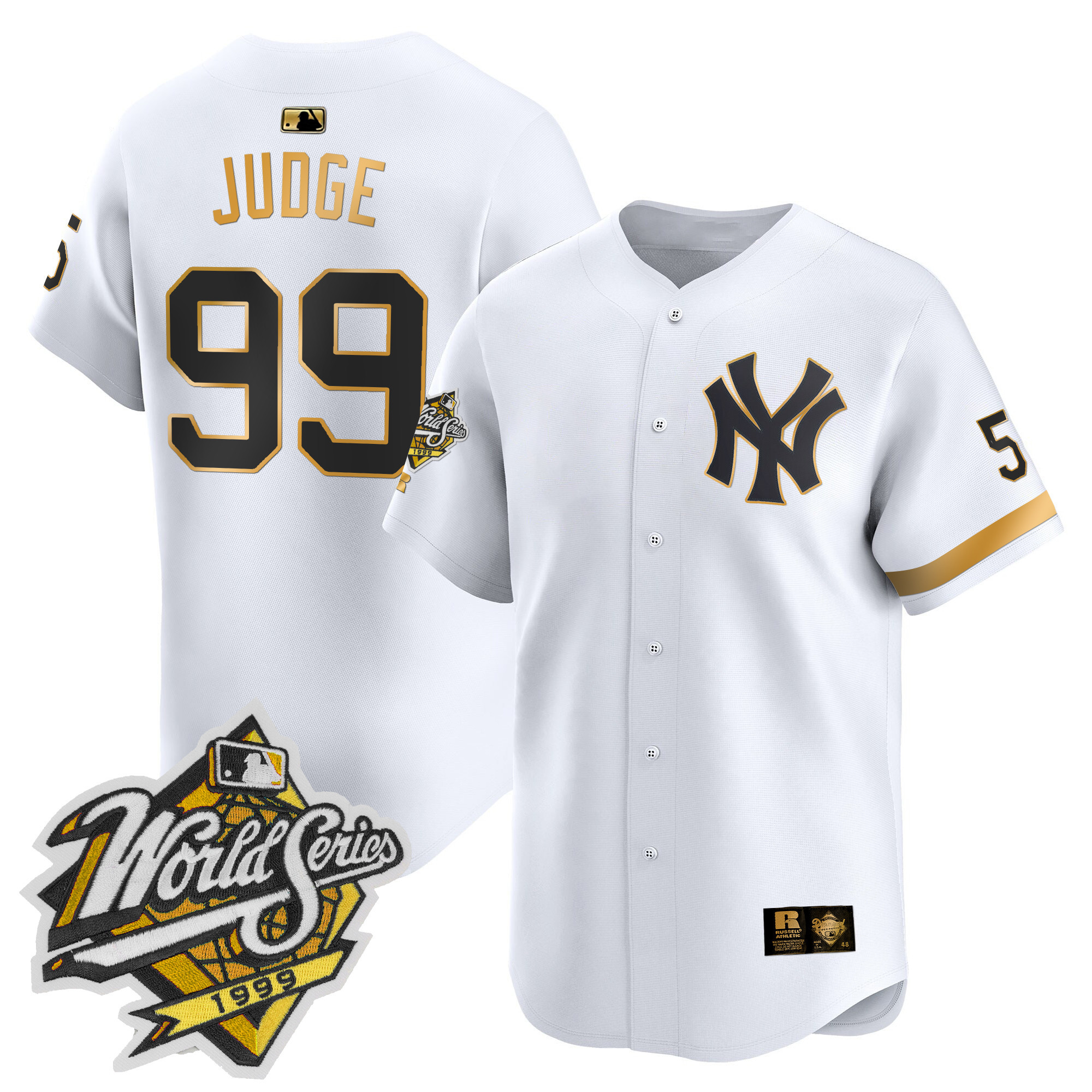 Men's Aaron Judge New York Yankees 1999 Throwback Joe DiMaggio Patch Vapor Premier Limited White Gold Jersey - All Stitched