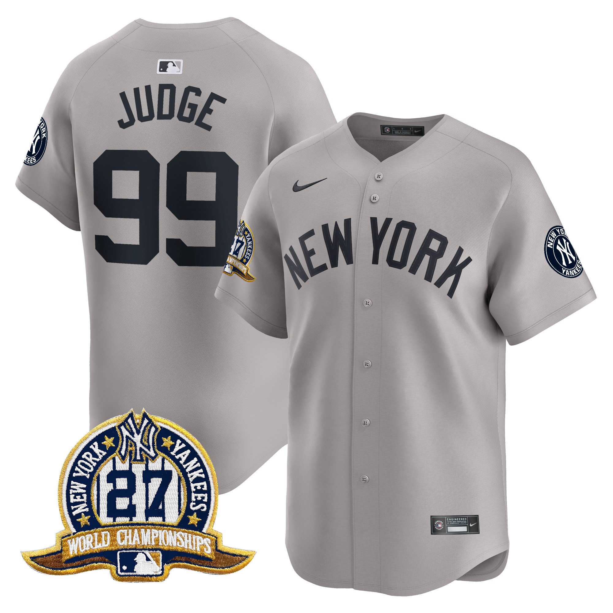 Men's Aaron Judge New York Yankees 27 Time Champions Patch Vapor Premier Limited Gray Jersey - All Stitched