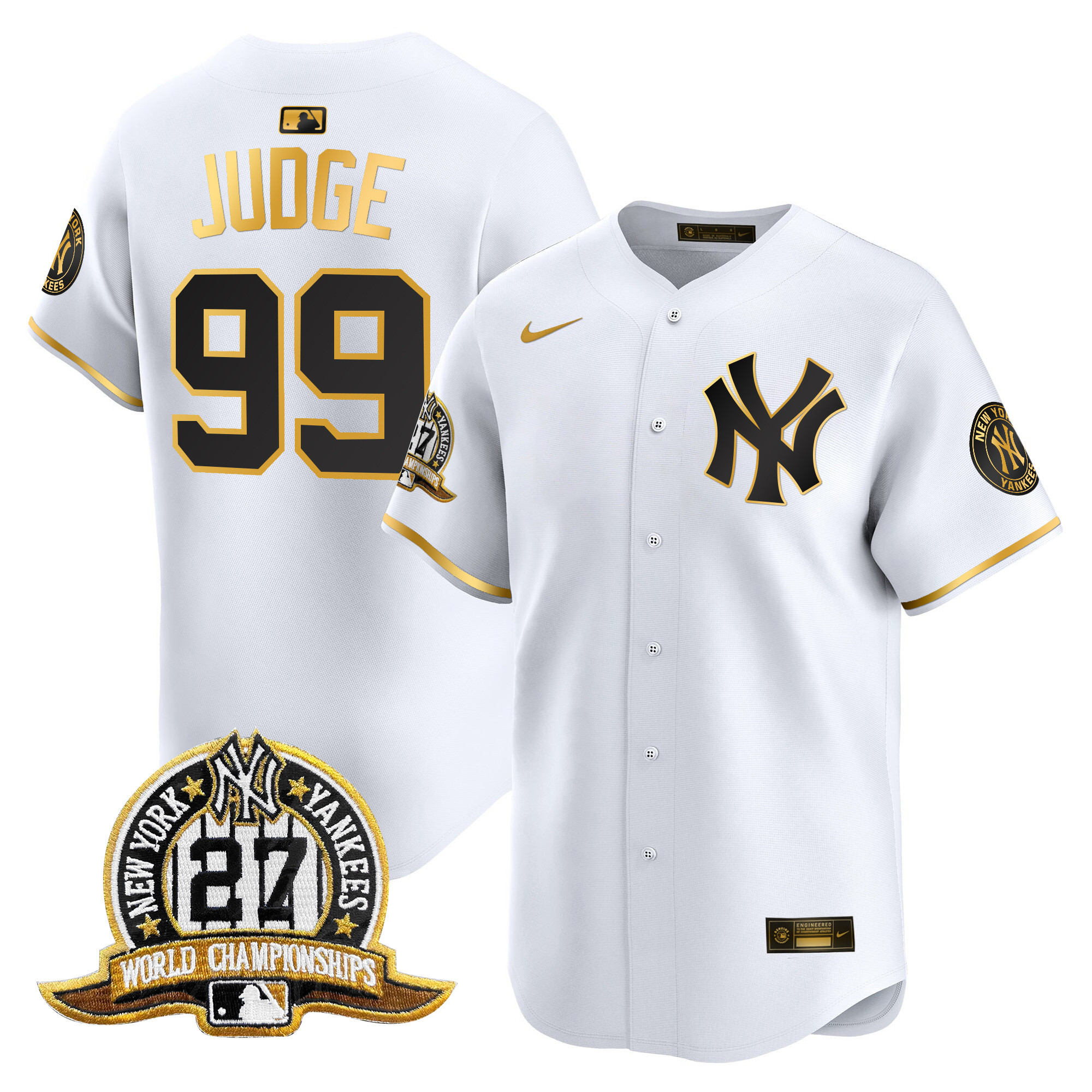 Men's Aaron Judge New York Yankees 27 Time Champions Patch Vapor Premier Limited White Gold Jersey - All Stitched