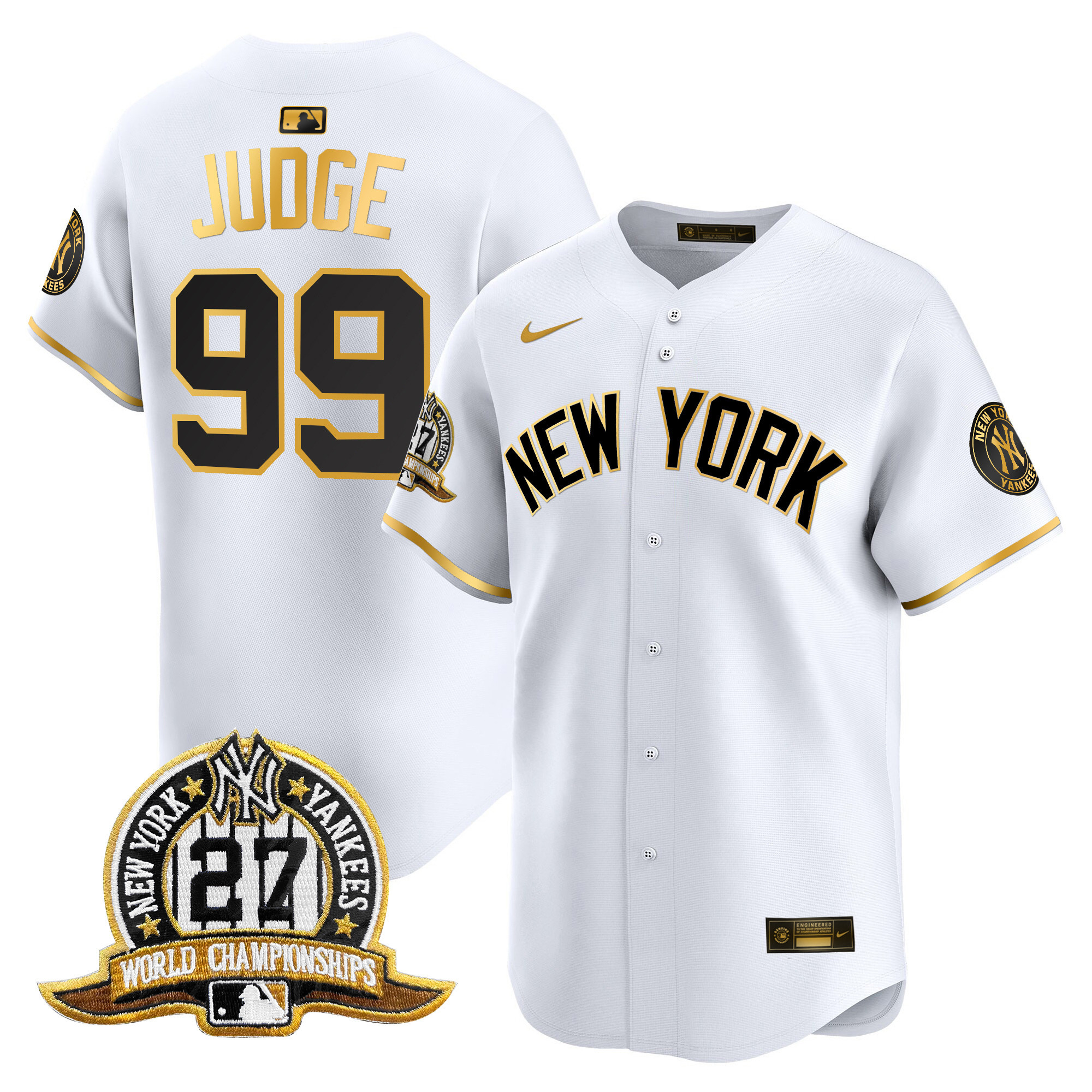Men's Aaron Judge New York Yankees 27 Time Champions Patch Vapor Premier Limited White Gold Jersey V2 - All Stitched