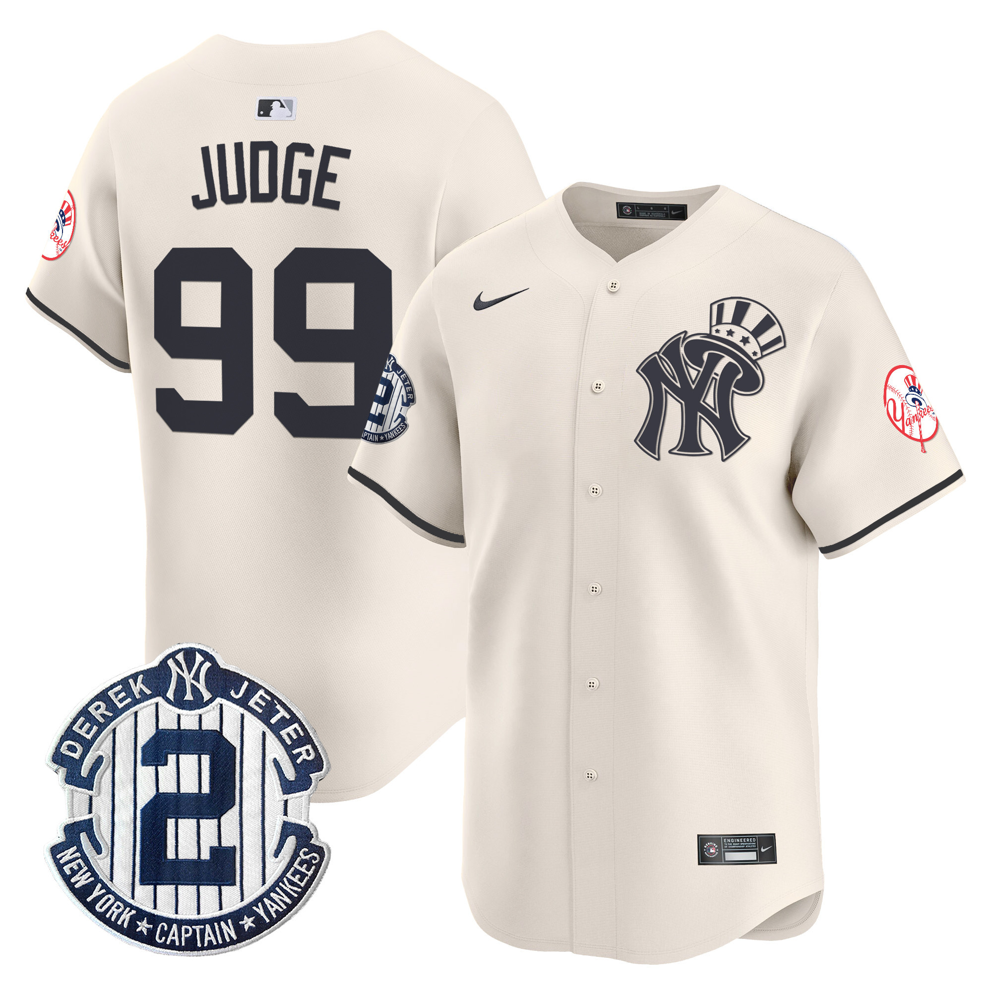 Men's Aaron Judge New York Yankees Derek Jeter Patch Vapor Premier Limited Cream Jersey V2 - All Stitched