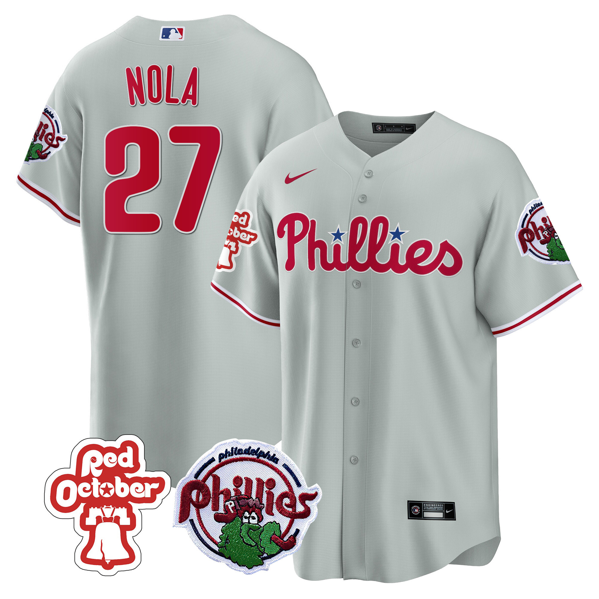 Men's Aaron Nola Philadelphia Phillies Red October Patch Cool Base Gray Jersey - All Stitched