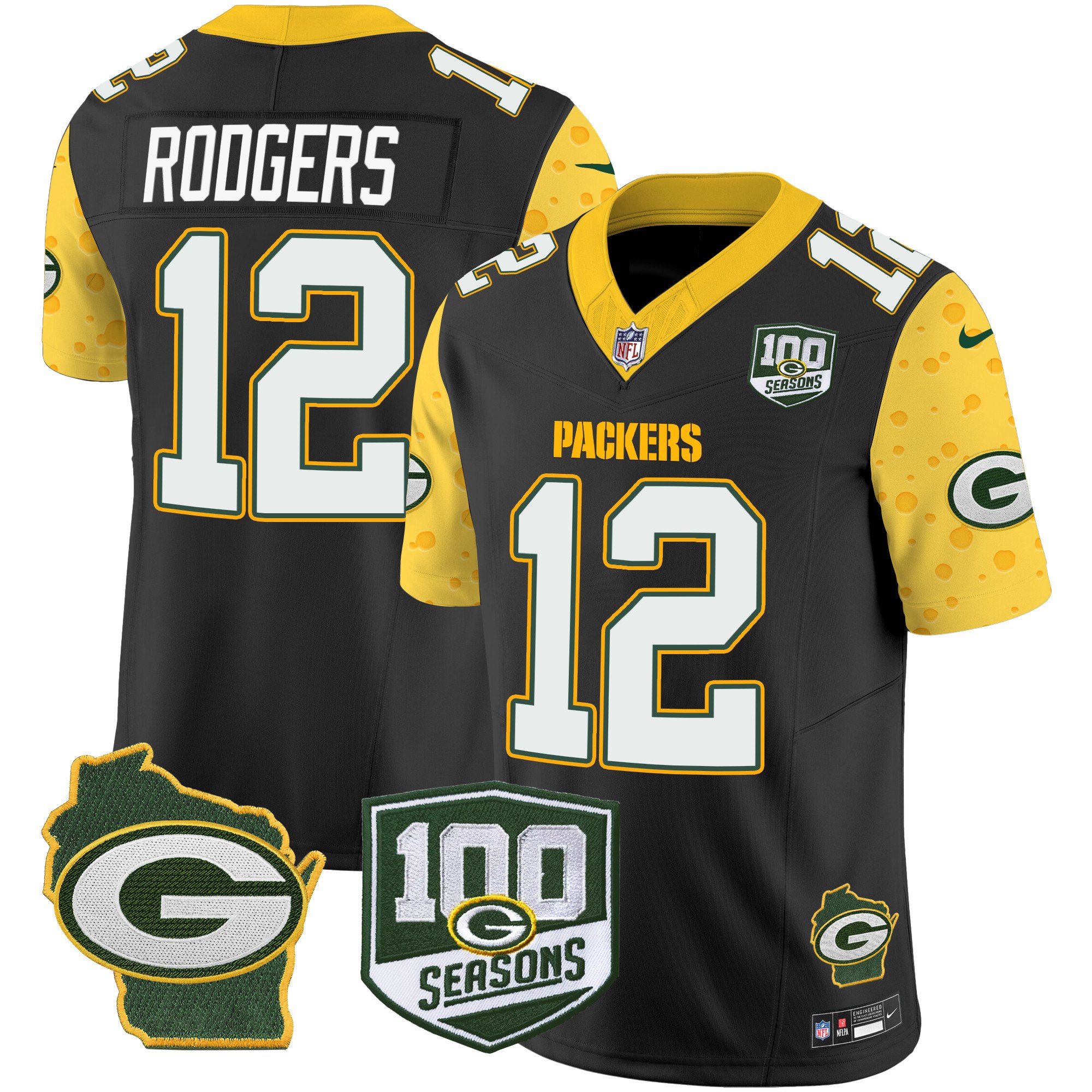 Men's Aaron Rodgers Green Bay Packers 100th Season & Home Patch Cheese Vapor Limited Black Jersey – All Stitched