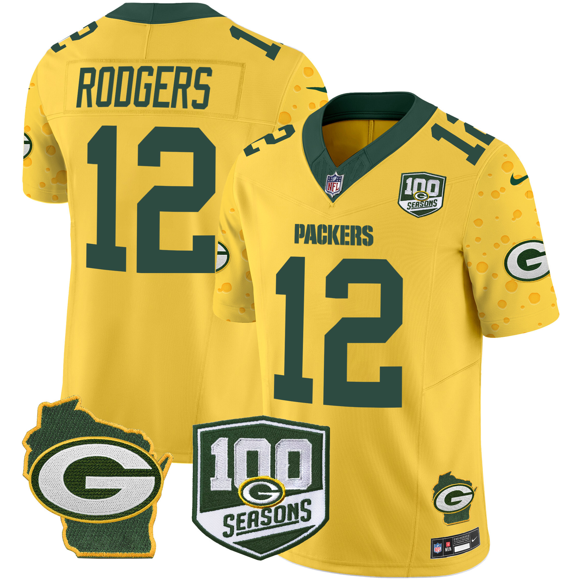 Men's Aaron Rodgers Green Bay Packers 100th Season & Home Patch Cheese Vapor Limited Gold Jersey – All Stitched