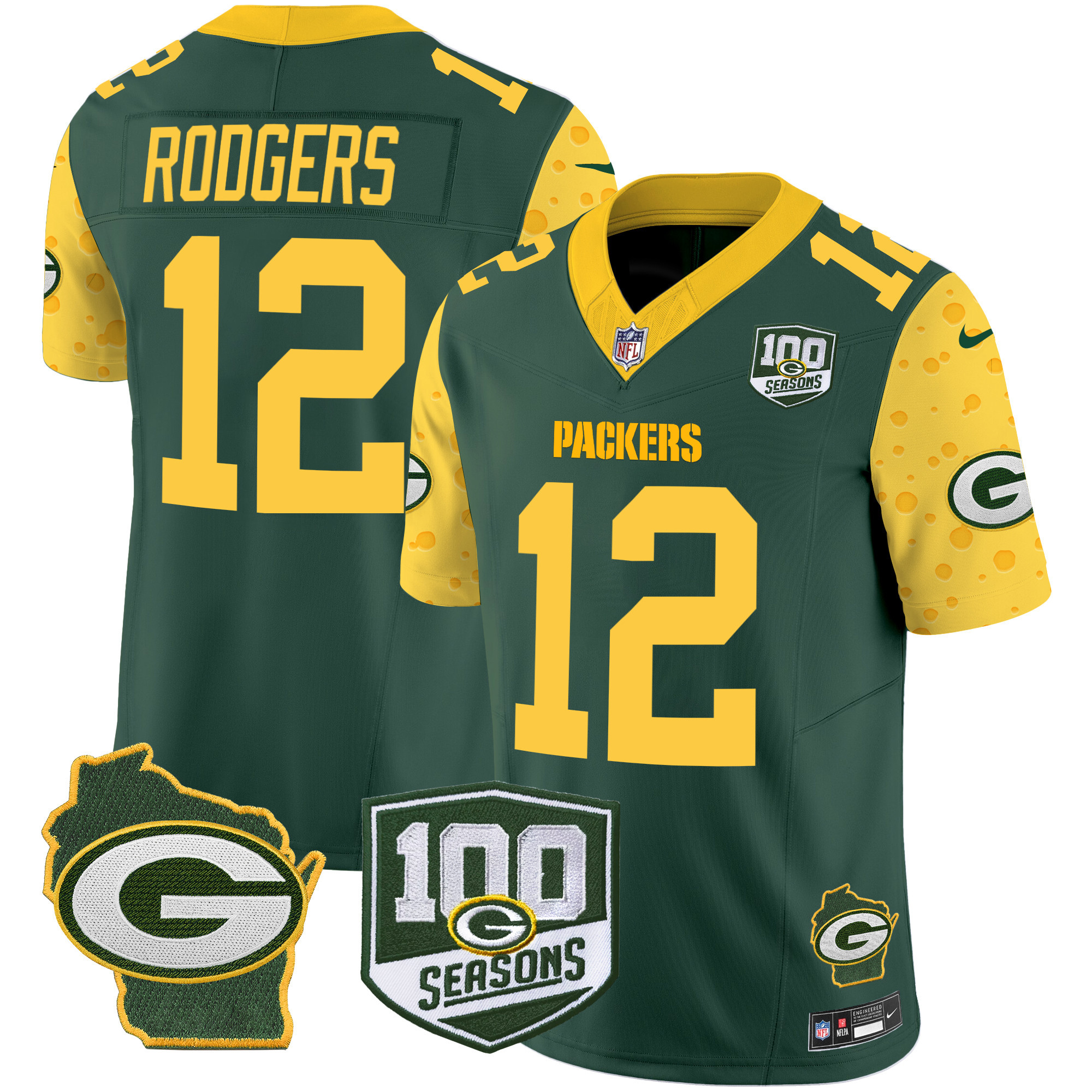 Men's Aaron Rodgers Green Bay Packers 100th Season & Home Patch Cheese Vapor Limited Green Jersey – All Stitched