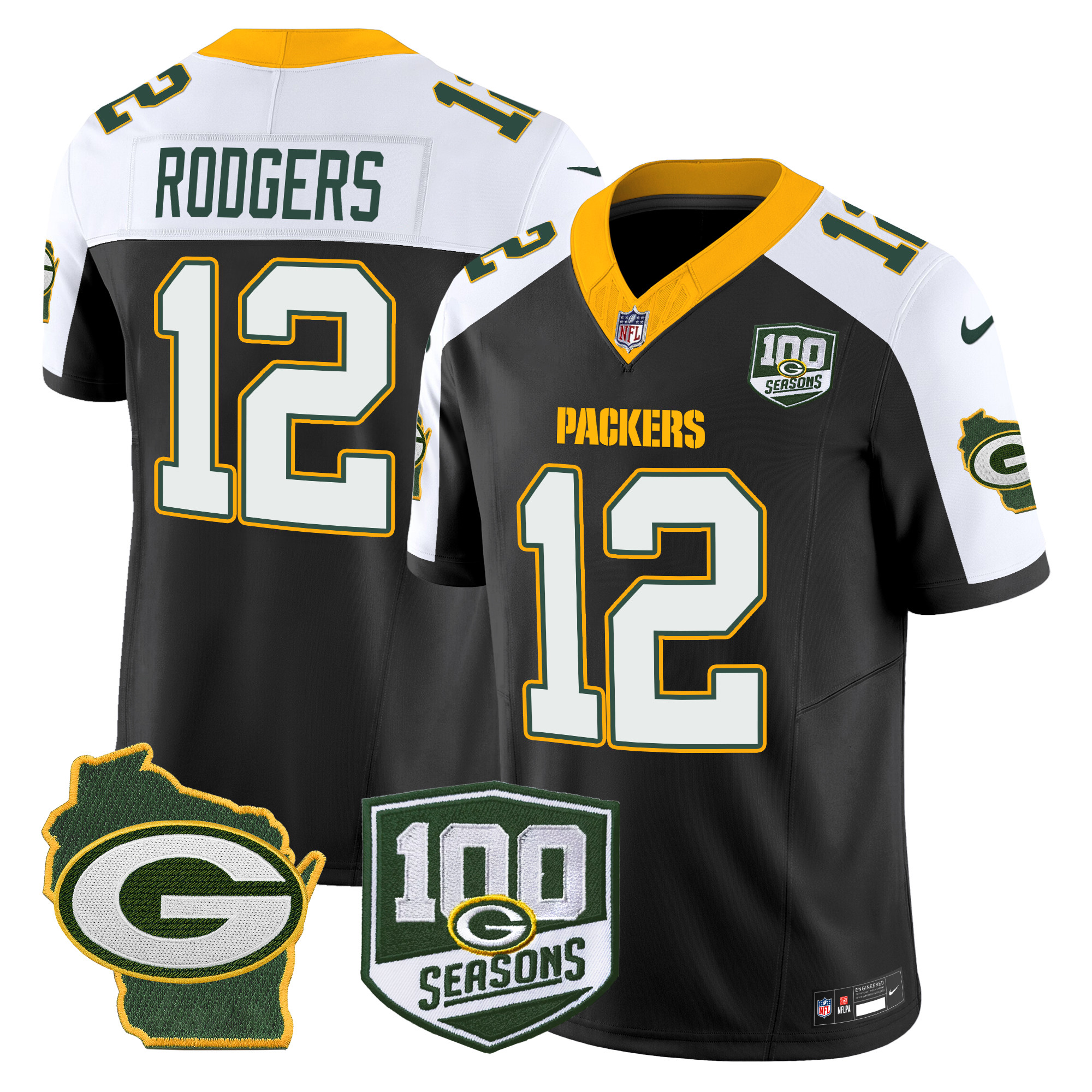 Men's Aaron Rodgers Green Bay Packers 100th Season & Home Patch Vapor Limited Black Alternate Jersey - All Stitched