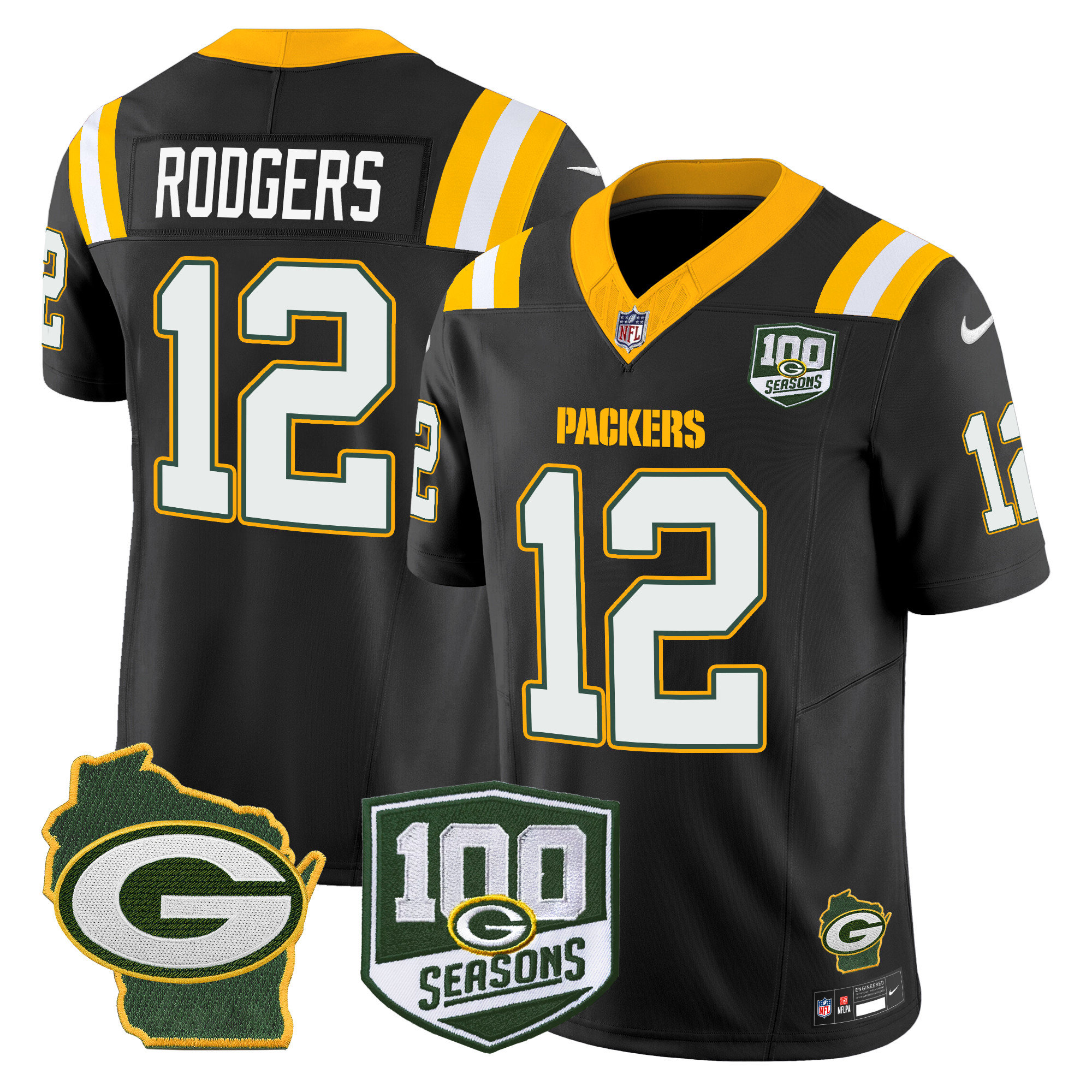 Men's Aaron Rodgers Green Bay Packers 100th Season & Home Patch Vapor Limited Black Jersey - All Stitched