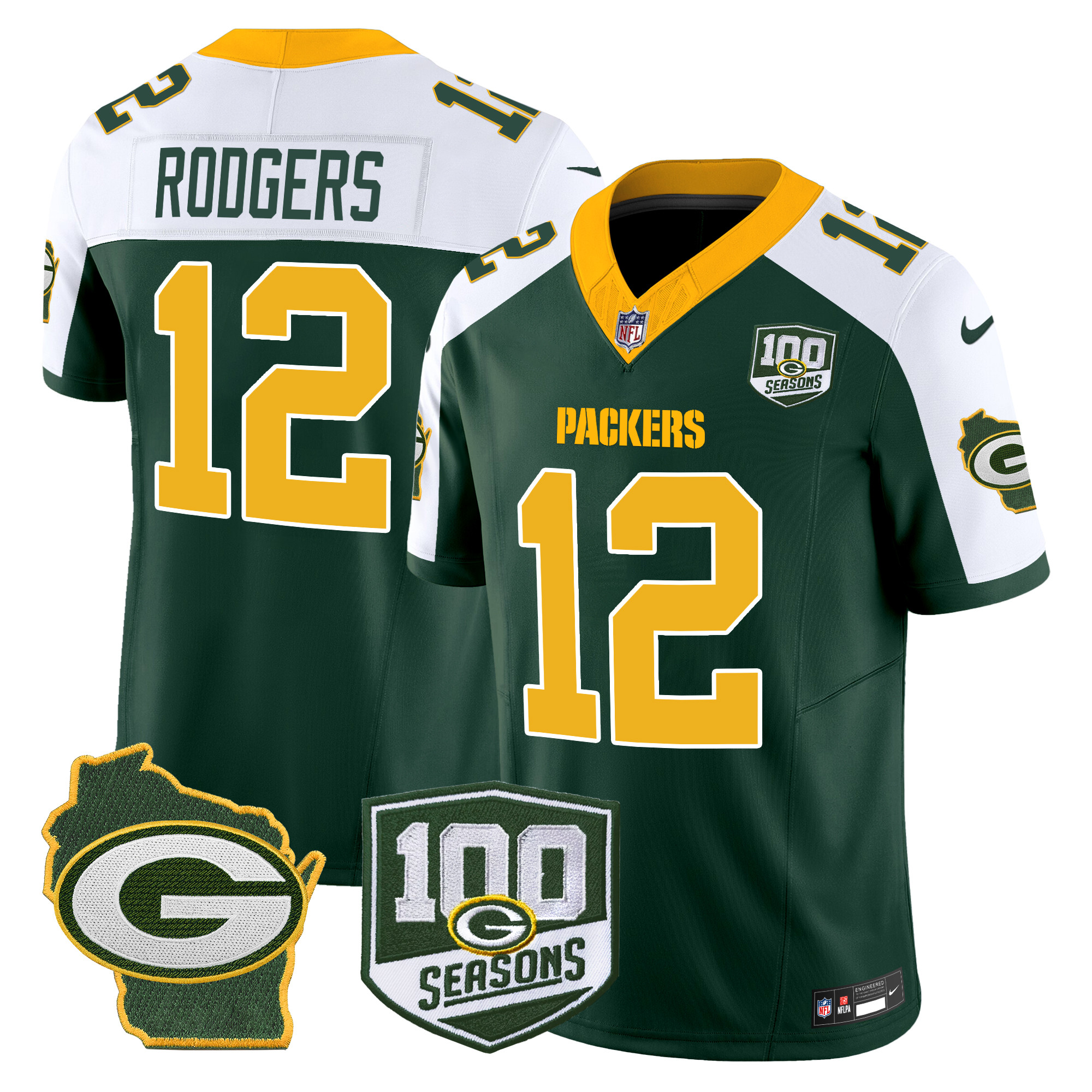 Men's Aaron Rodgers Green Bay Packers 100th Season & Home Patch Vapor Limited Green Alternate Jersey - All Stitched