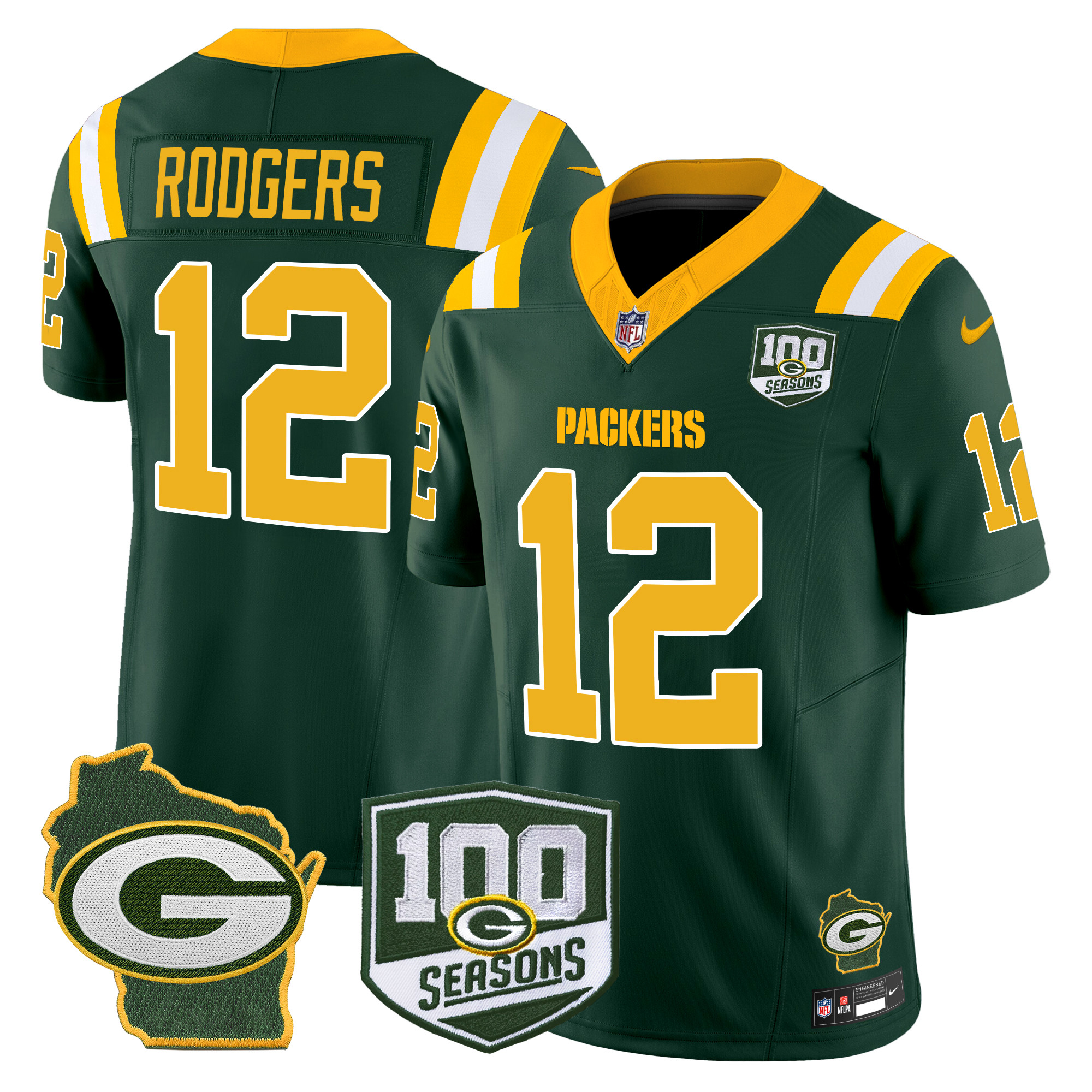 Men's Aaron Rodgers Green Bay Packers 100th Season & Home Patch Vapor Limited Green Jersey - All Stitched
