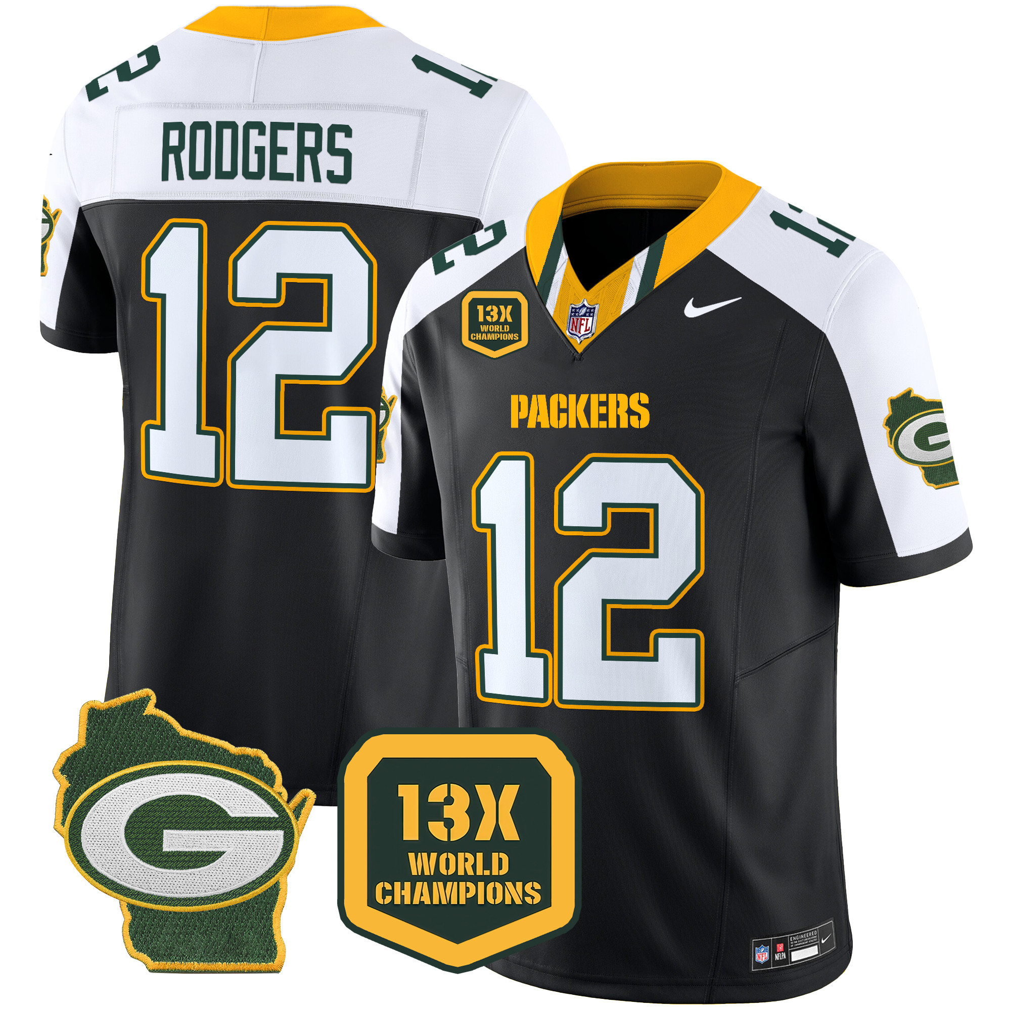 Men's Aaron Rodgers Green Bay Packers 13 Time World Champions & Home Patch Vapor Limited Black Alternate Jersey – All Stitched