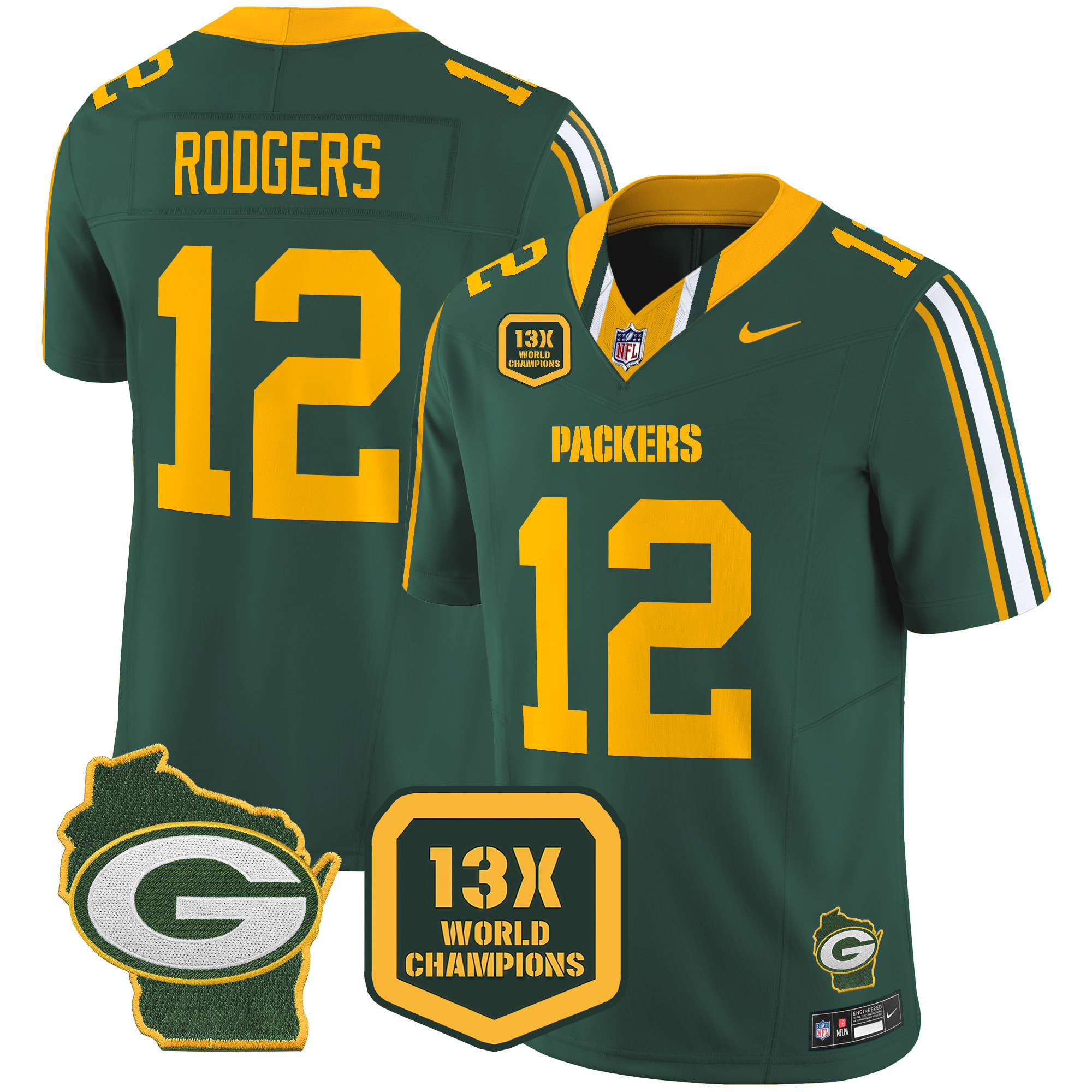 Men's Aaron Rodgers Green Bay Packers 13 Time World Champions & Home Patch Vapor Limited Green Jersey – All Stitched