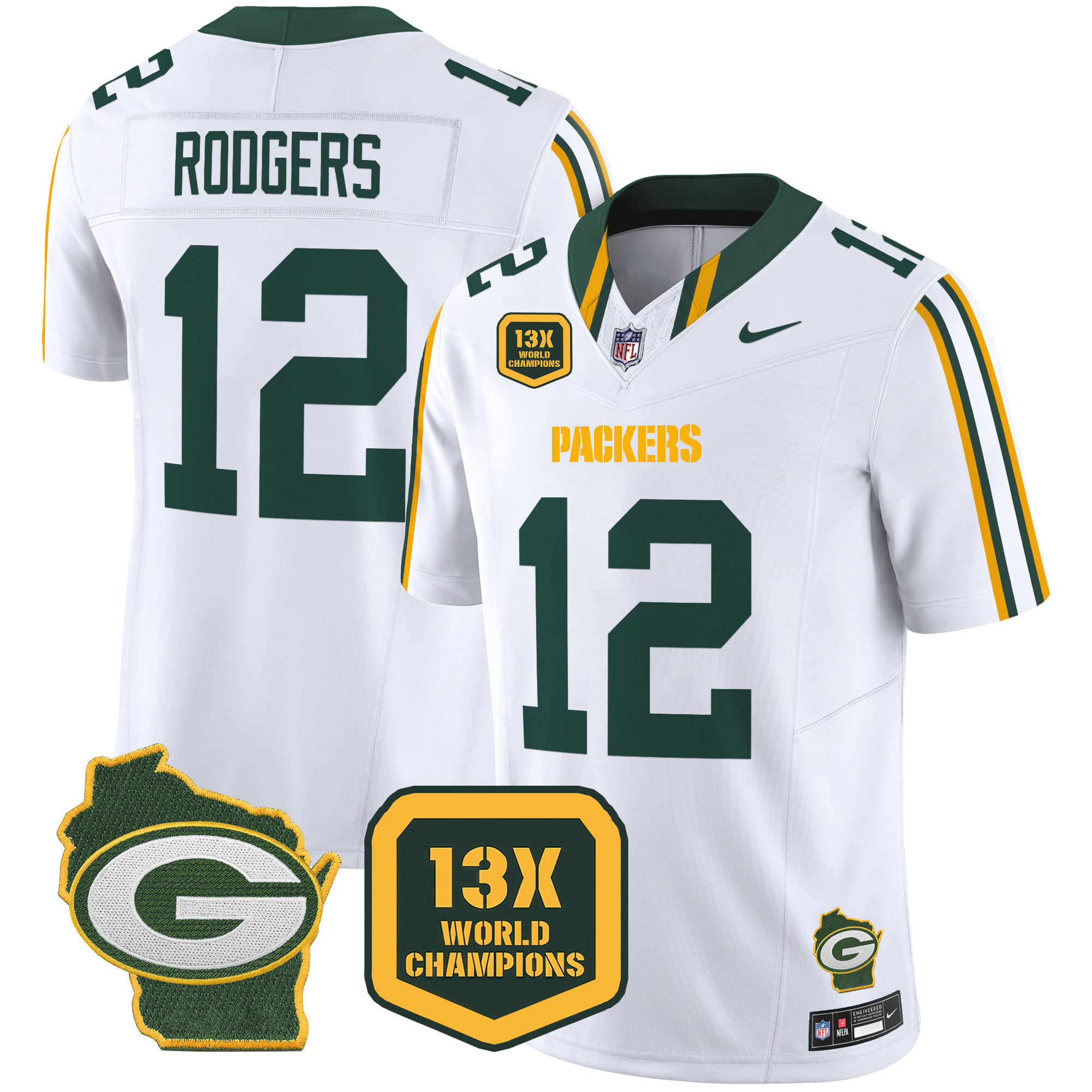Men's Aaron Rodgers Green Bay Packers 13 Time World Champions & Home Patch Vapor Limited White Jersey – All Stitched