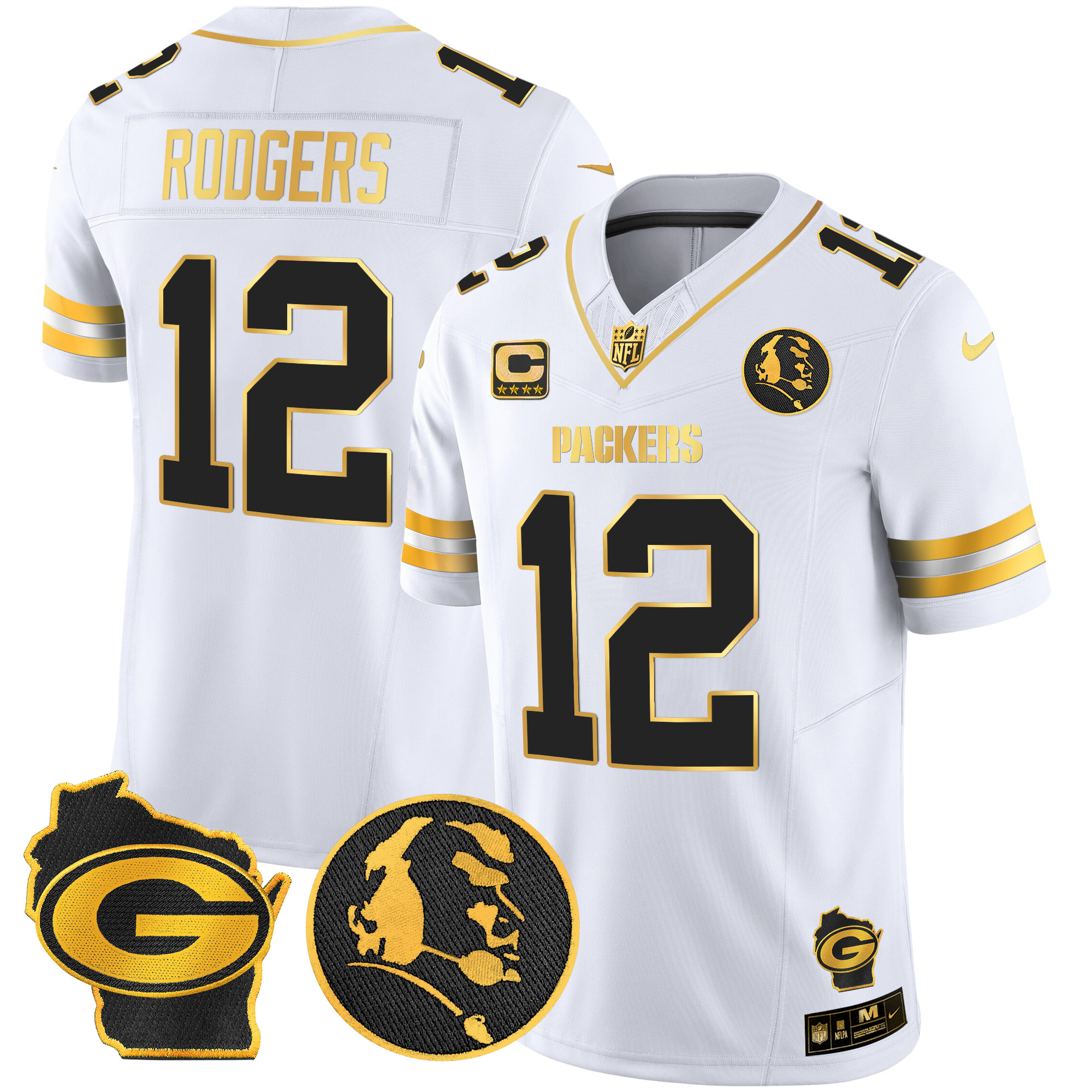 Men's Aaron Rodgers Green Bay Packers John Madden & Home Patch Gold Vapor Limited White Gold Jersey - All Stitched