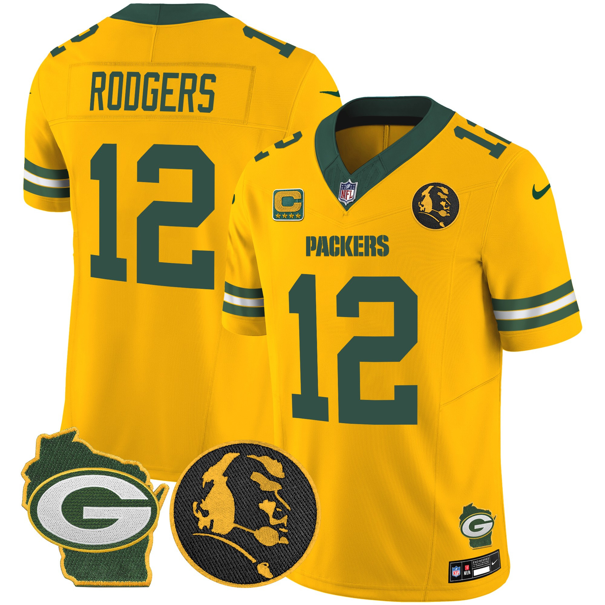 Men's Aaron Rodgers Green Bay Packers John Madden & Home Patch Vapor Limited Gold Jersey - All Stitched