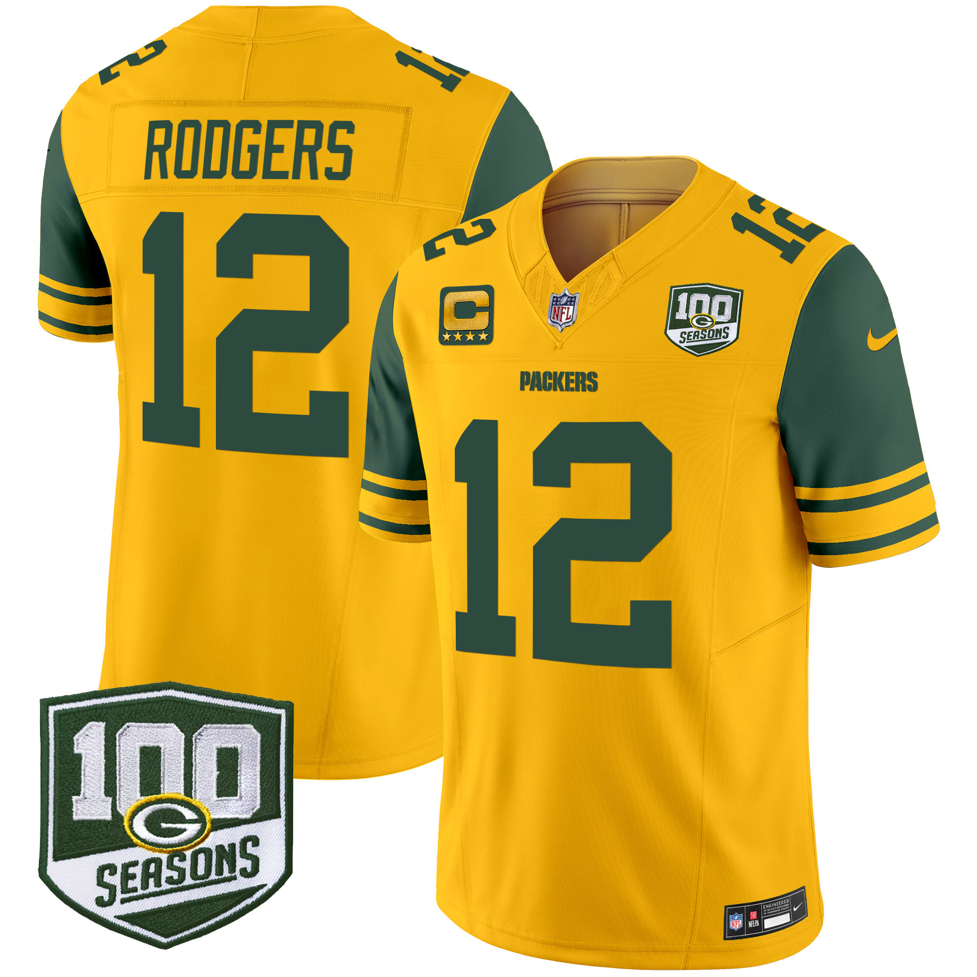Men's Aaron Rodgers Green Bay Packers Throwback 100th Season Patch Vapor Limited Gold Jersey - All Stitched